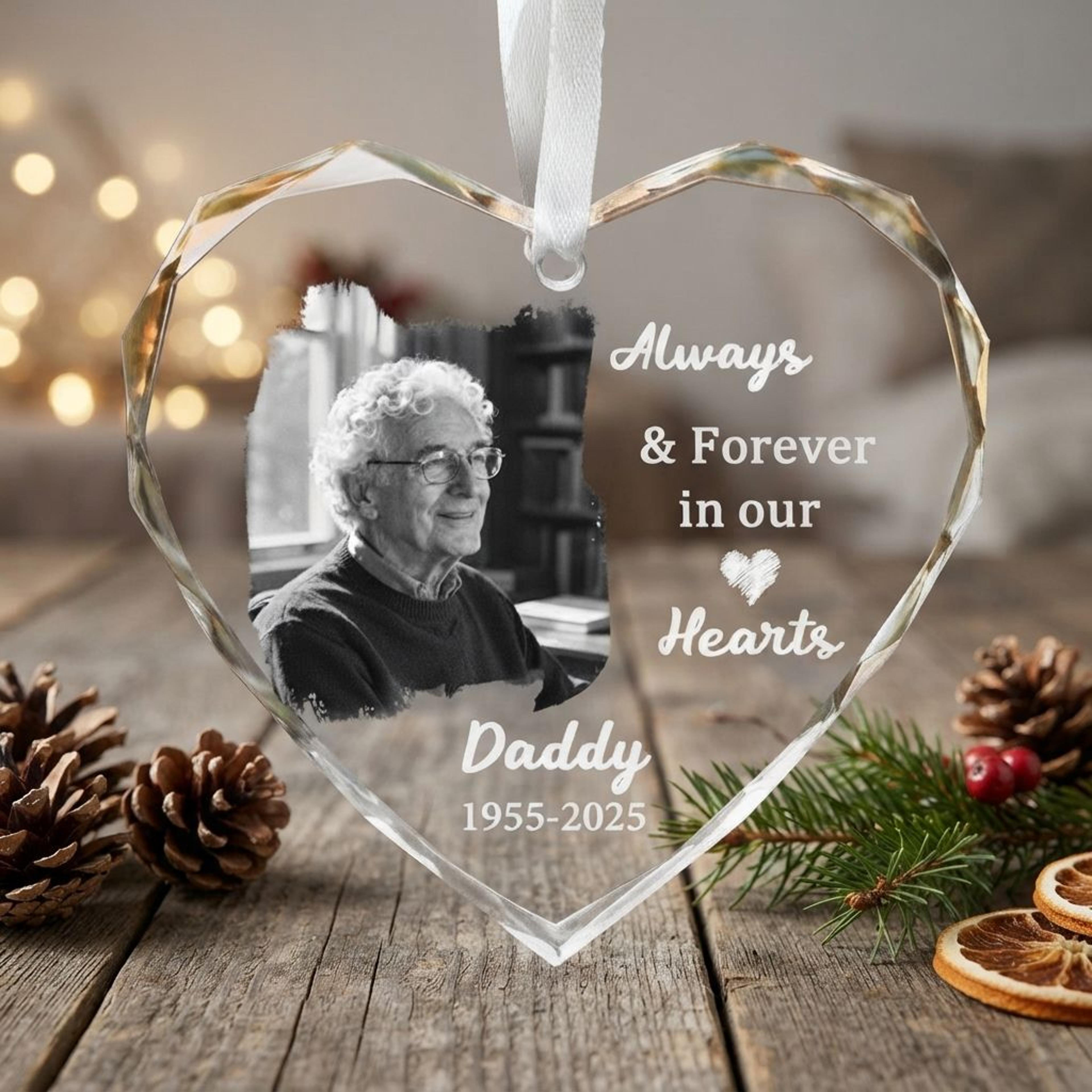 personalized memorial photo heart ornament, custom in loving memory christmas keepsake, sympathy gift for loss of dad