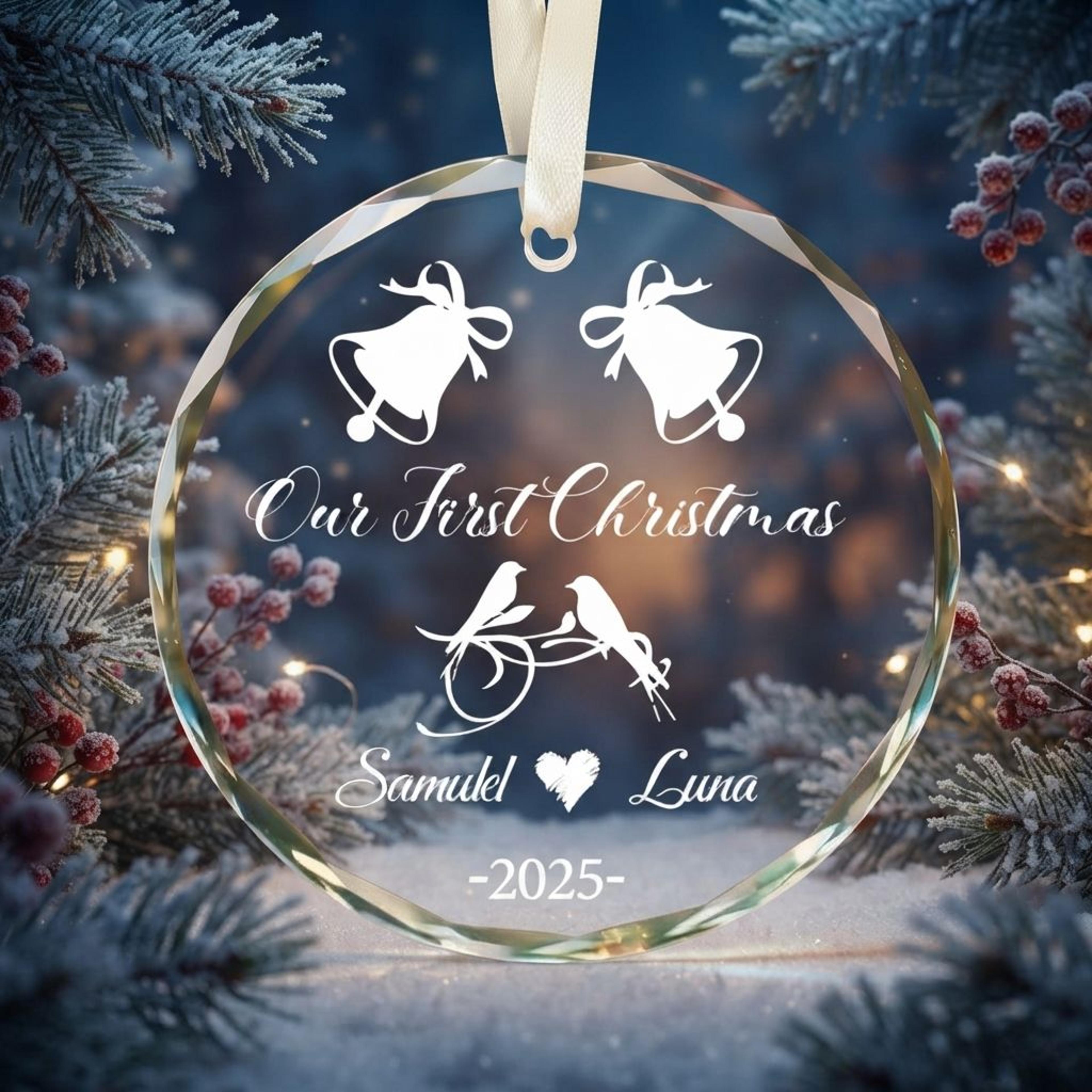personalized our first christmas ornament 2025, custom couple names glass christmas keepsake, romantic love birds