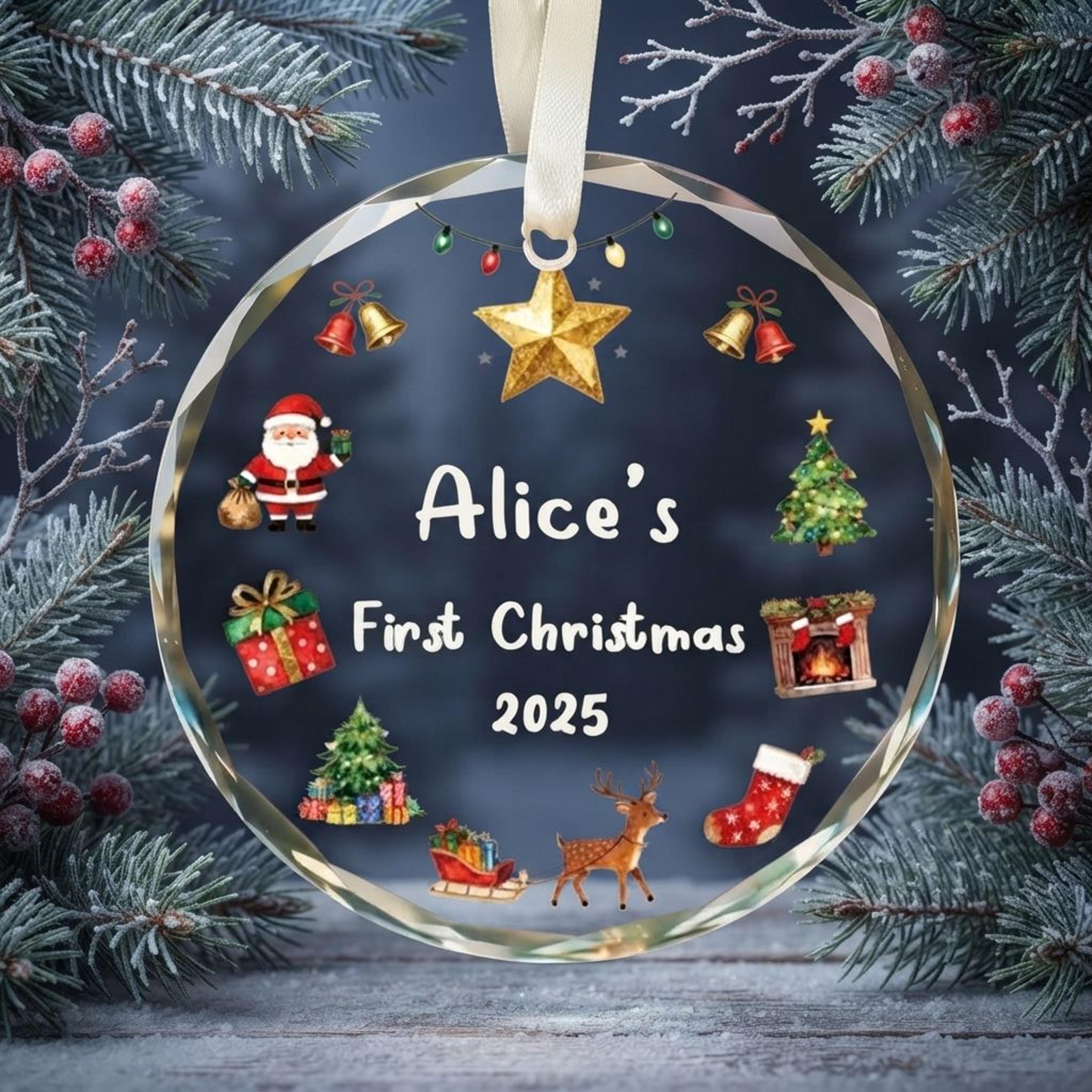 personalized first christmas ornament 2025, custom baby name christmas keepsake, my first christmas glass ornament gift
