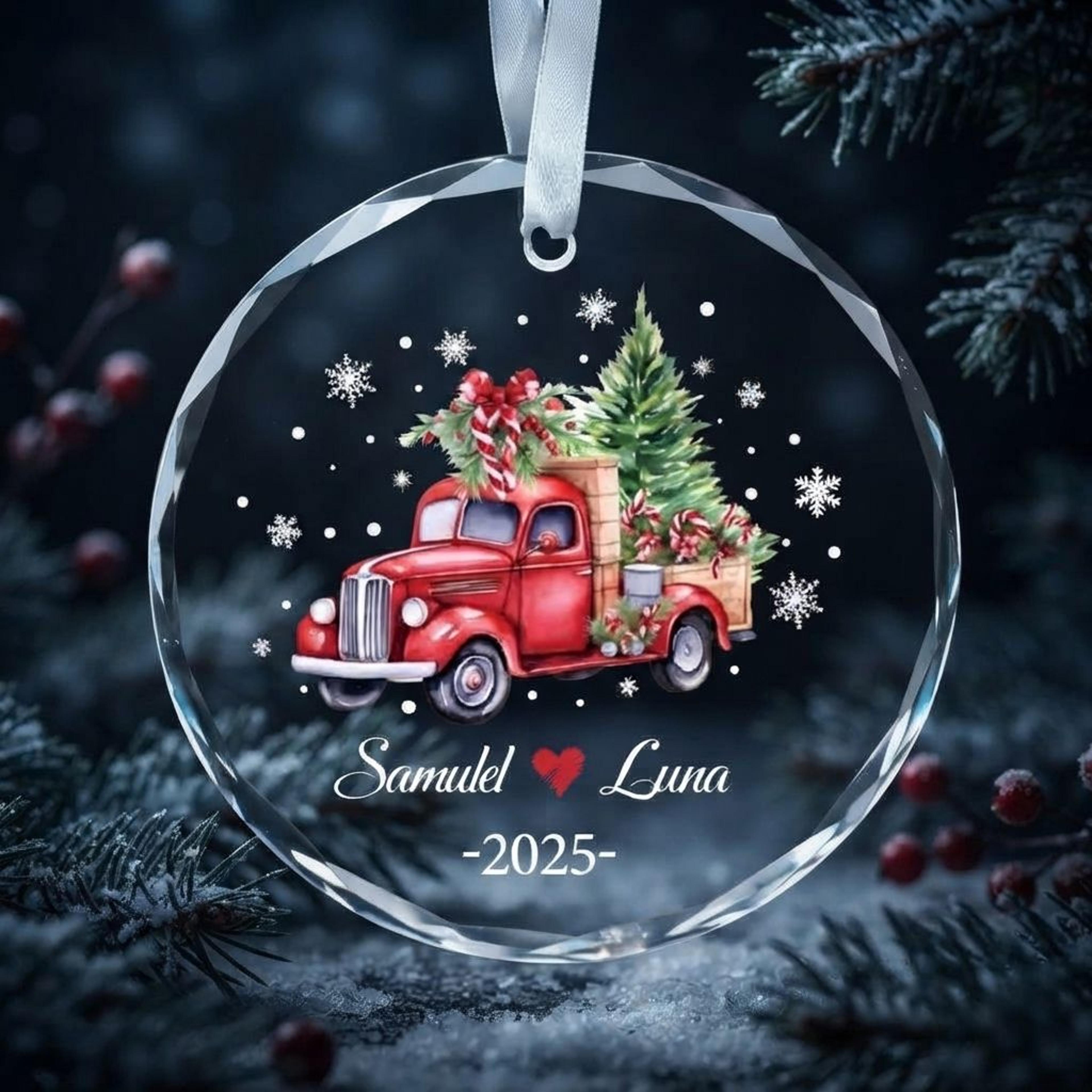 personalized christmas truck ornament 2025, custom couple names vintage red pickup christmas tree decoration, rustic