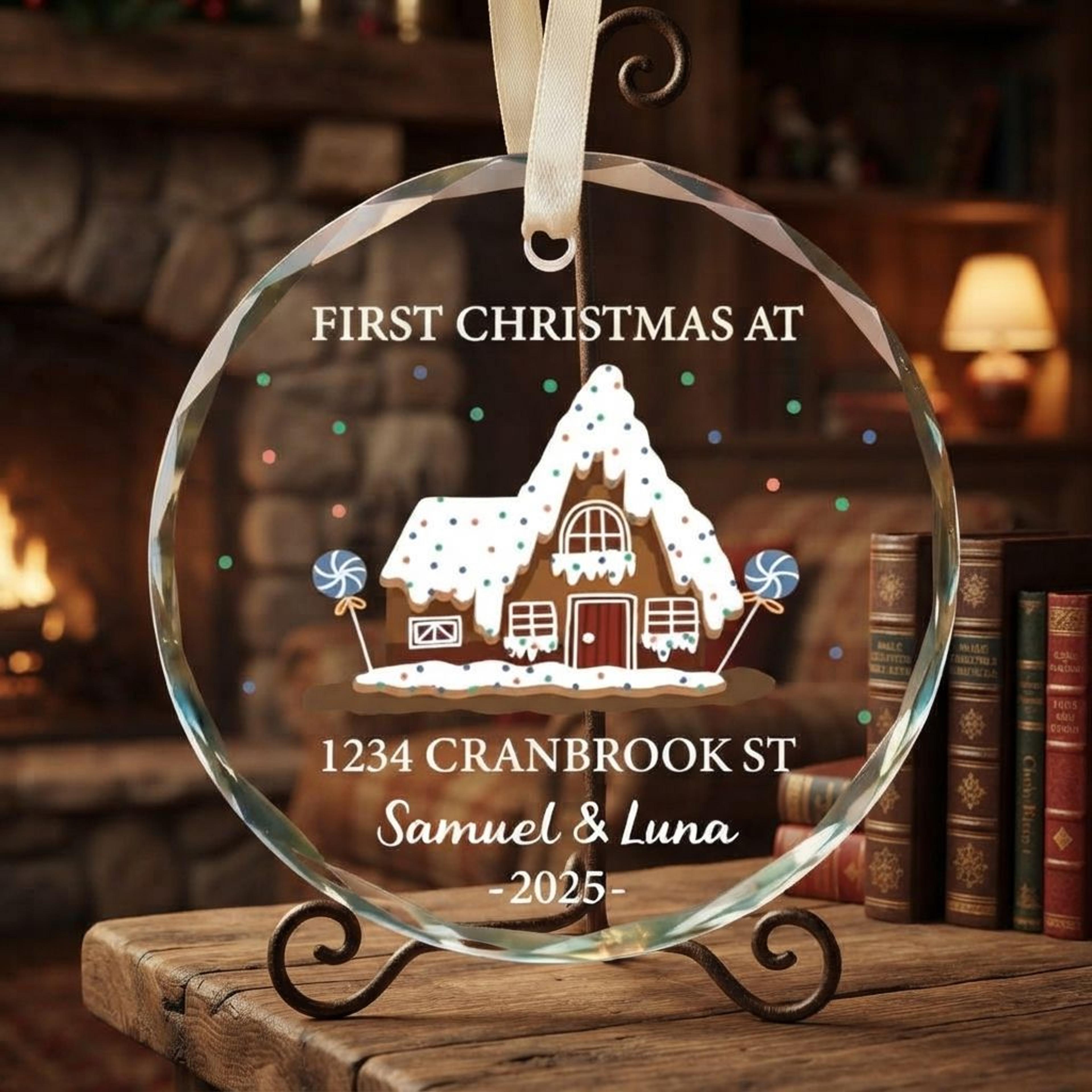 personalized first christmas at new home ornament 2025, custom gingerbread house glass decoration, housewarming gift for