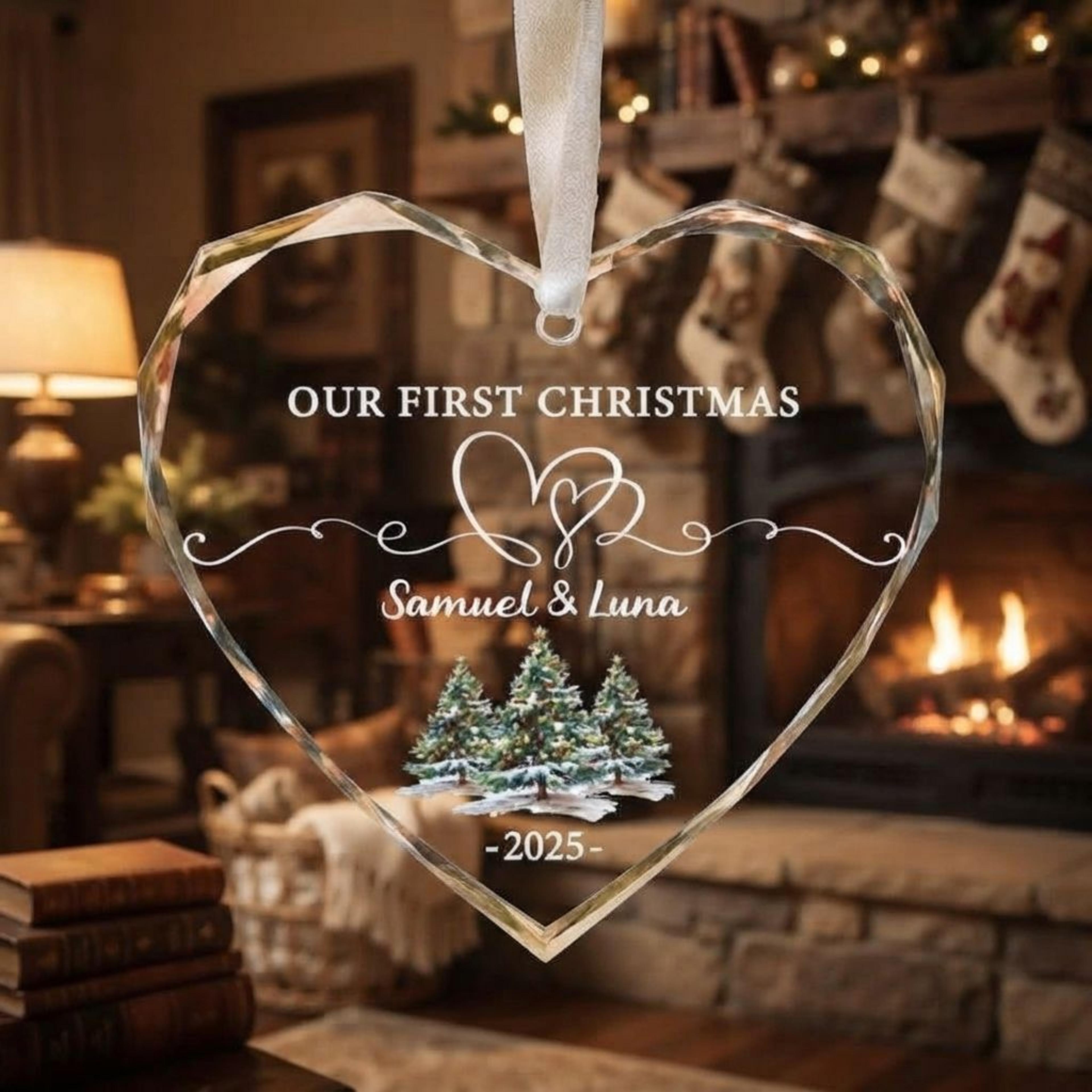 personalized our first christmas ornament 2025, custom couple names heart glass ornament, romantic christmas keepsake