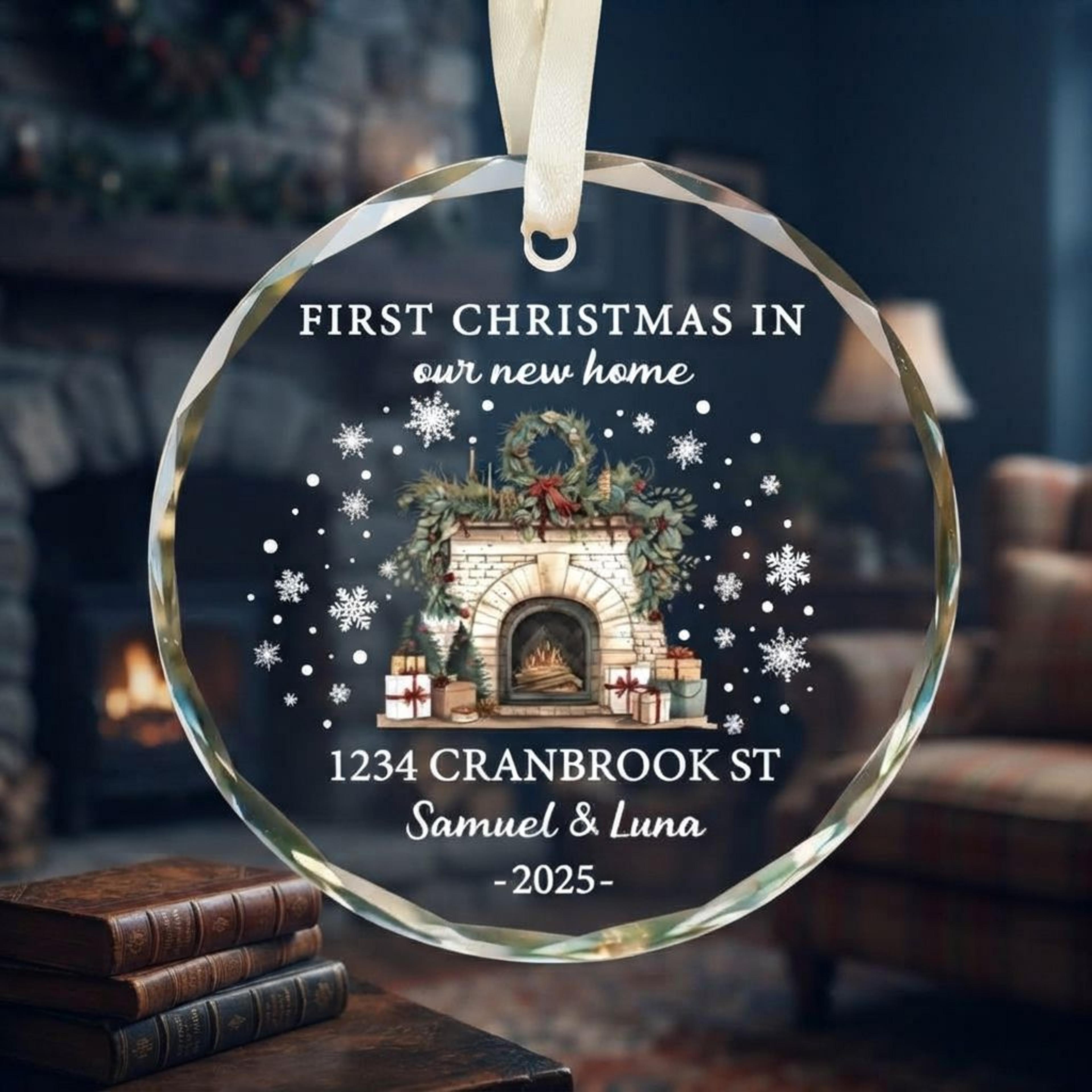 personalized first christmas in new home ornament 2025, custom address couple names glass ornament, housewarming