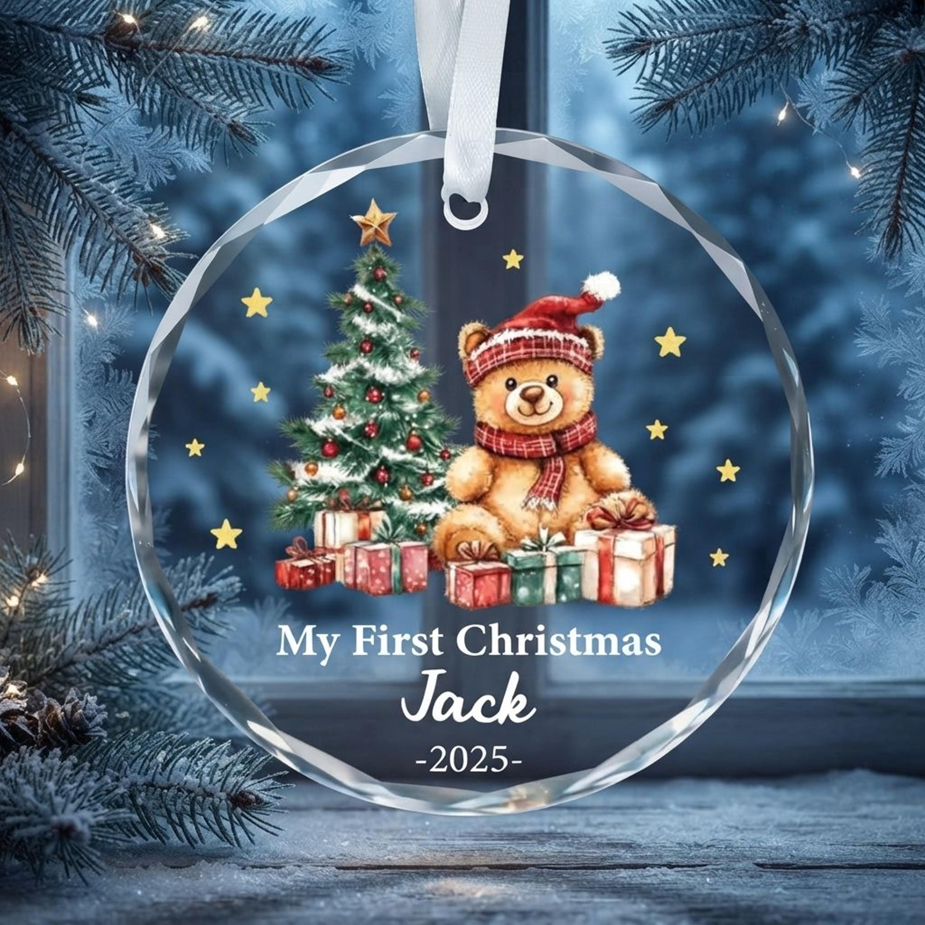 personalized baby first christmas ornament 2025, custom name teddy bear glass ornament, baby's first xmas keepsake