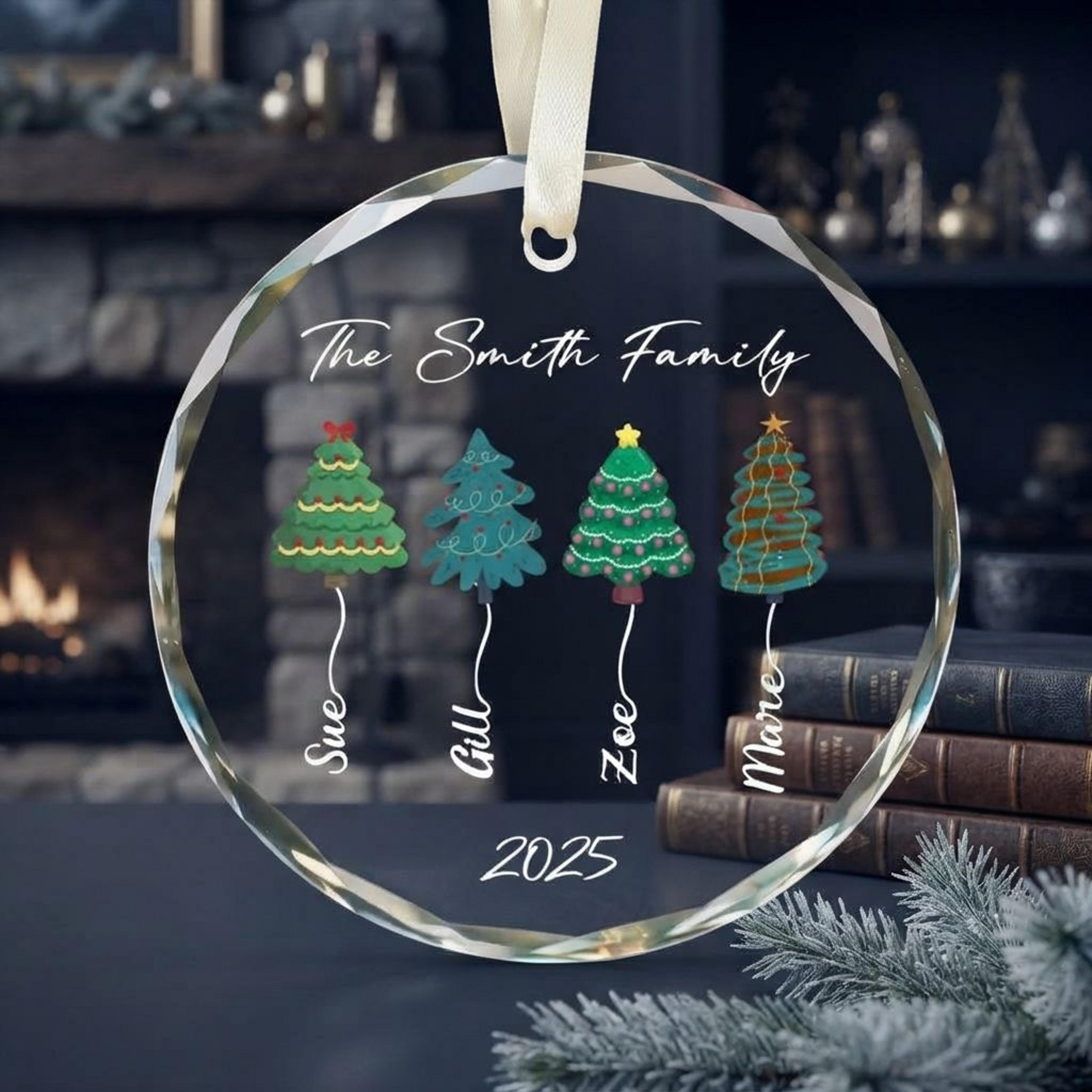 personalized family christmas tree ornament 2025, custom family names glass ornament, four christmas trees holiday keeps