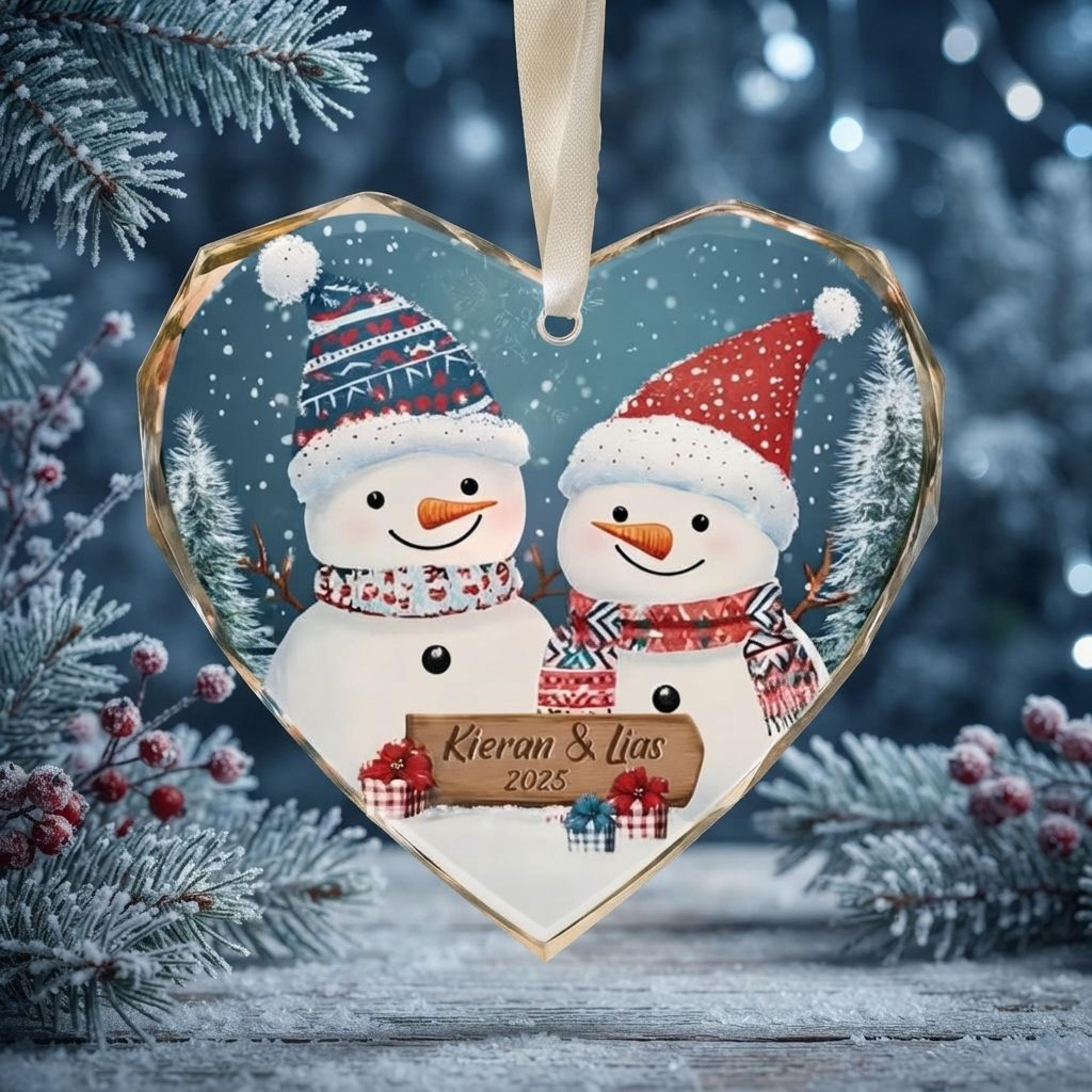personalized snowman couple christmas ornament 2025, custom names heart shaped glass ornament, cute snowman holiday keep