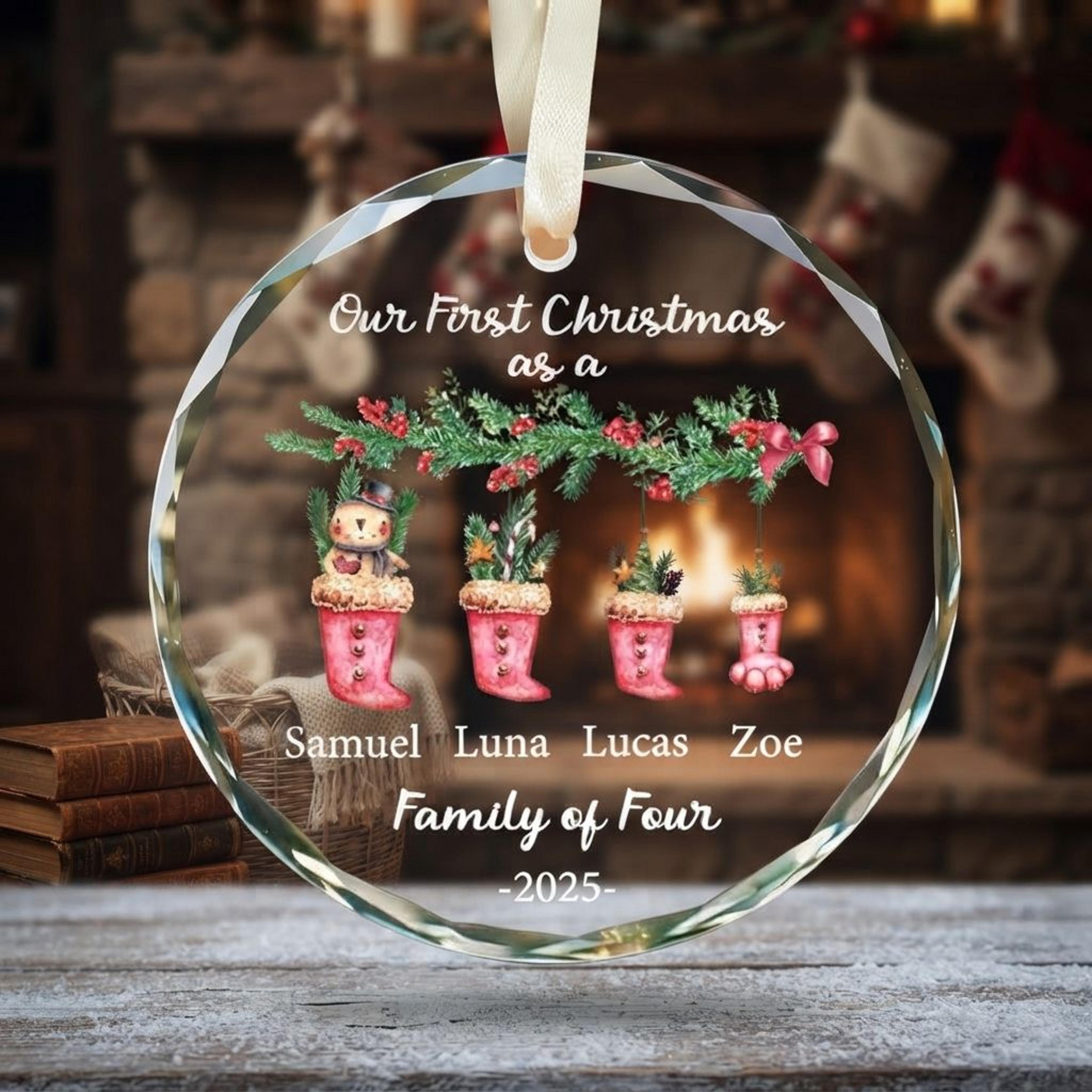 personalized family of four christmas ornament, custom family names glass ornament, first christmas keepsake, stocking