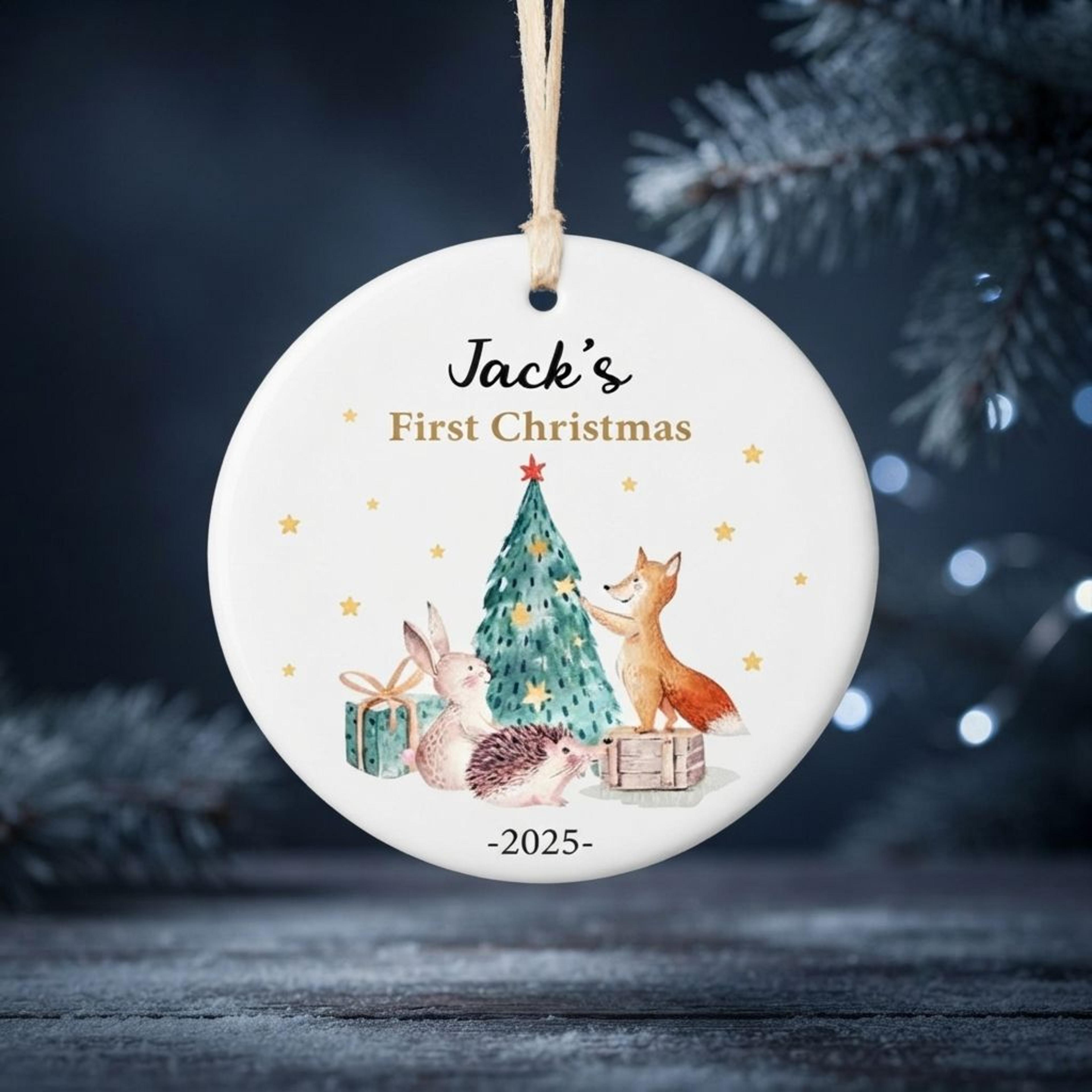 personalized first christmas ornament 2025, custom kids name christmas tree decoration, woodland animals holiday