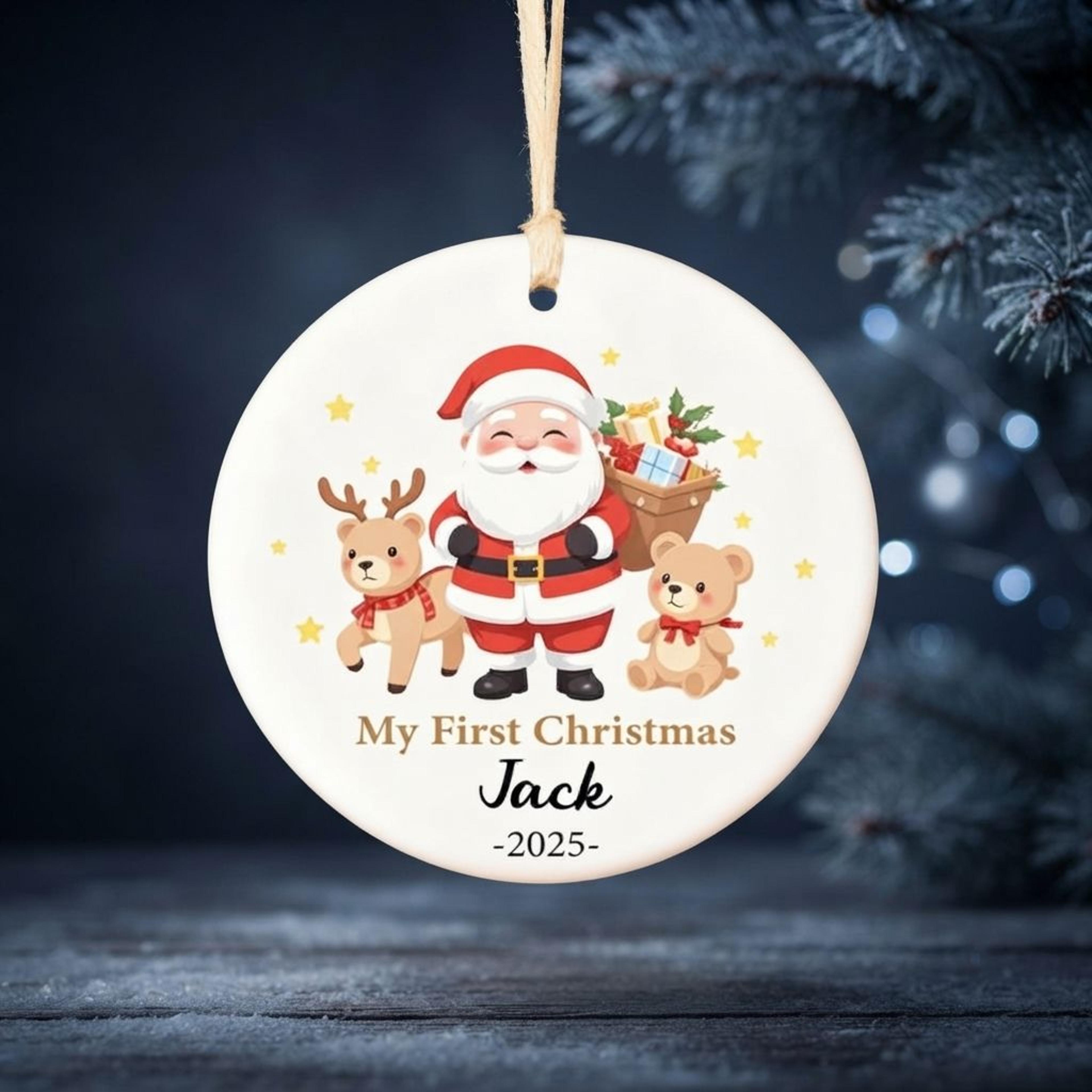 personalized baby first christmas ornament 2025, custom name santa reindeer teddy bear ornament, newborn holiday