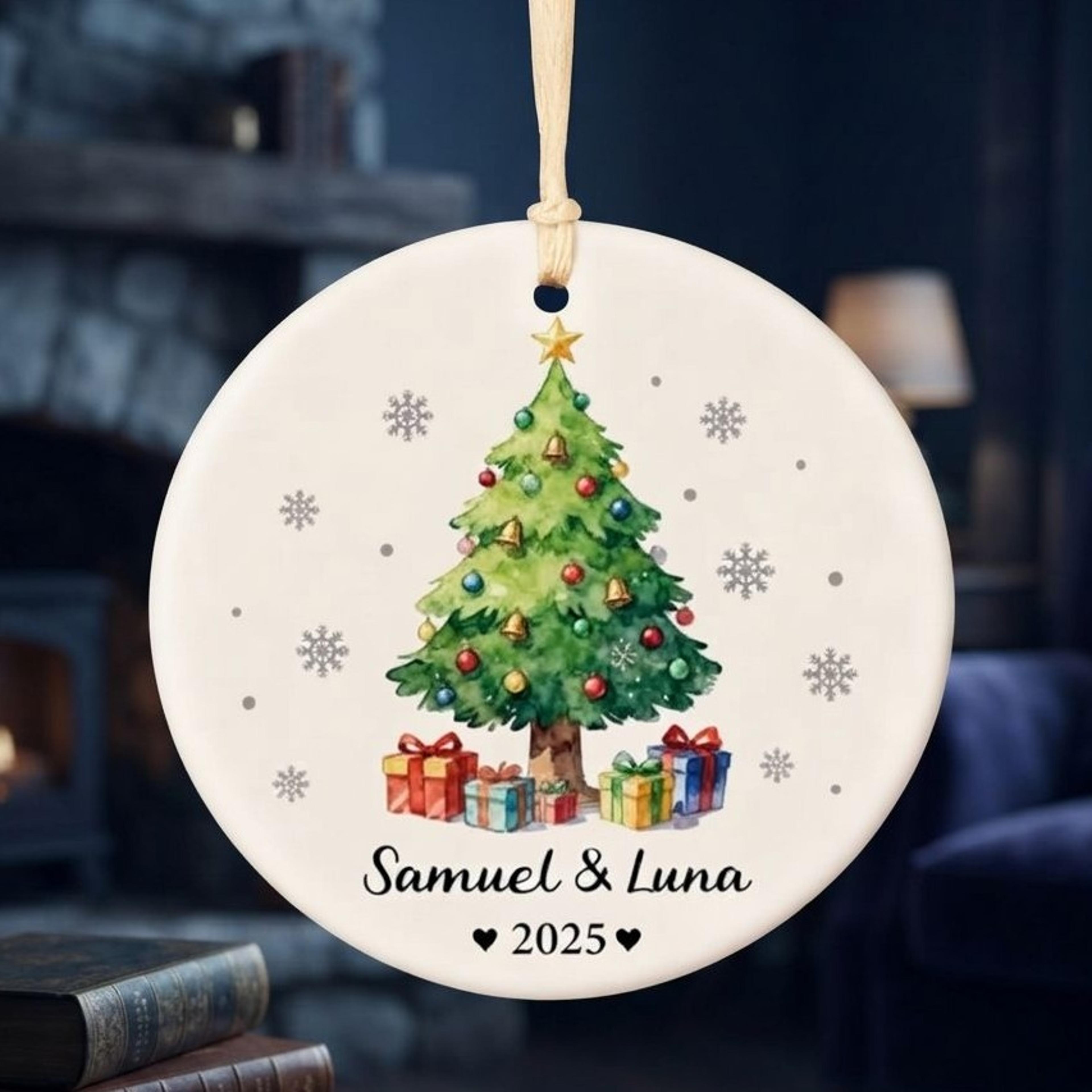 personalized christmas tree ornament 2025, custom couple names holiday decoration, watercolor christmas keepsake, gift