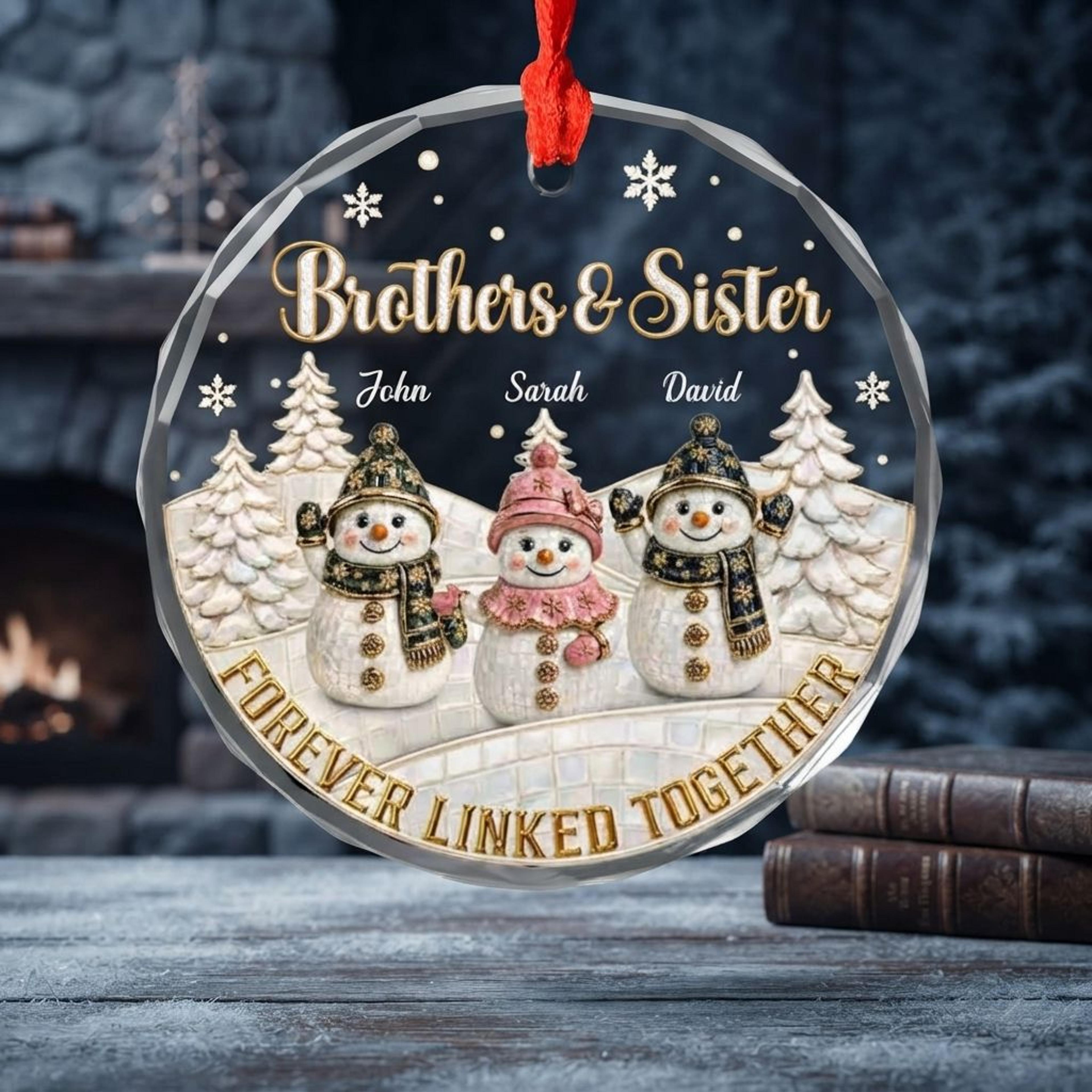 personalized brothers and sister christmas ornament, custom sibling names snowman keepsake, forever linked together