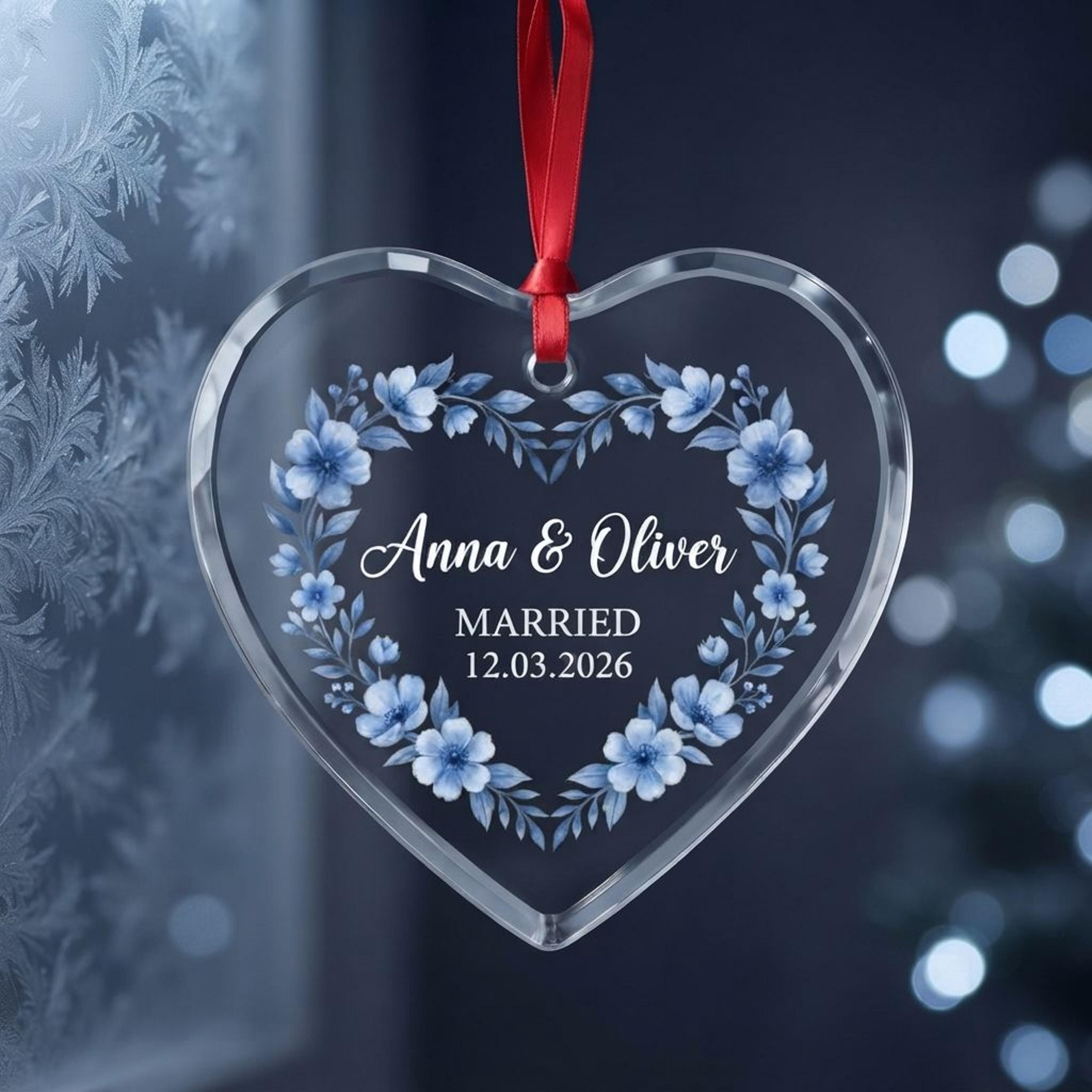 personalized wedding heart ornament, custom couple names and marriage date keepsake, blue floral crystal christmas gift