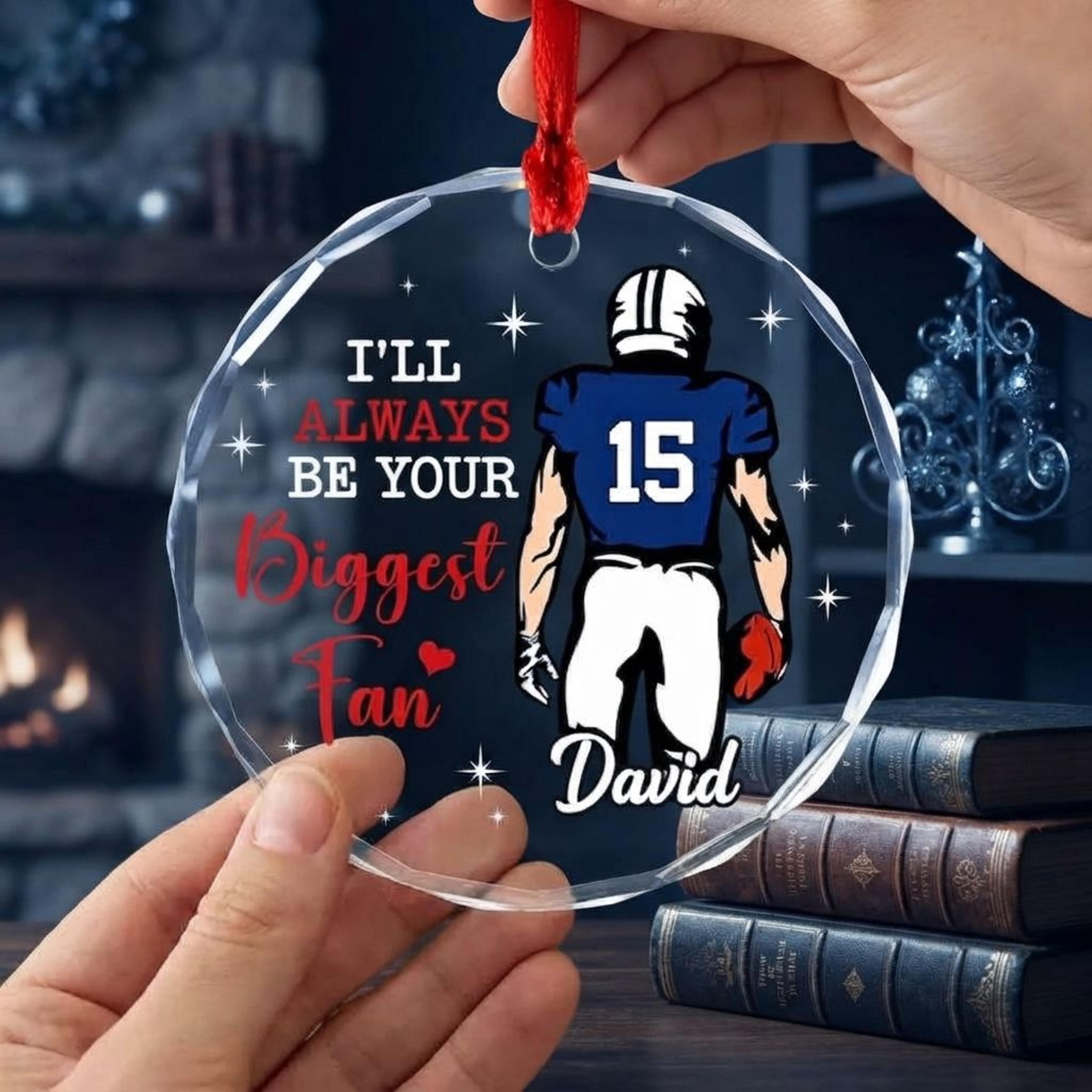 personalized football player ornament, i'll always be your biggest fan christmas keepsake, custom name jersey number