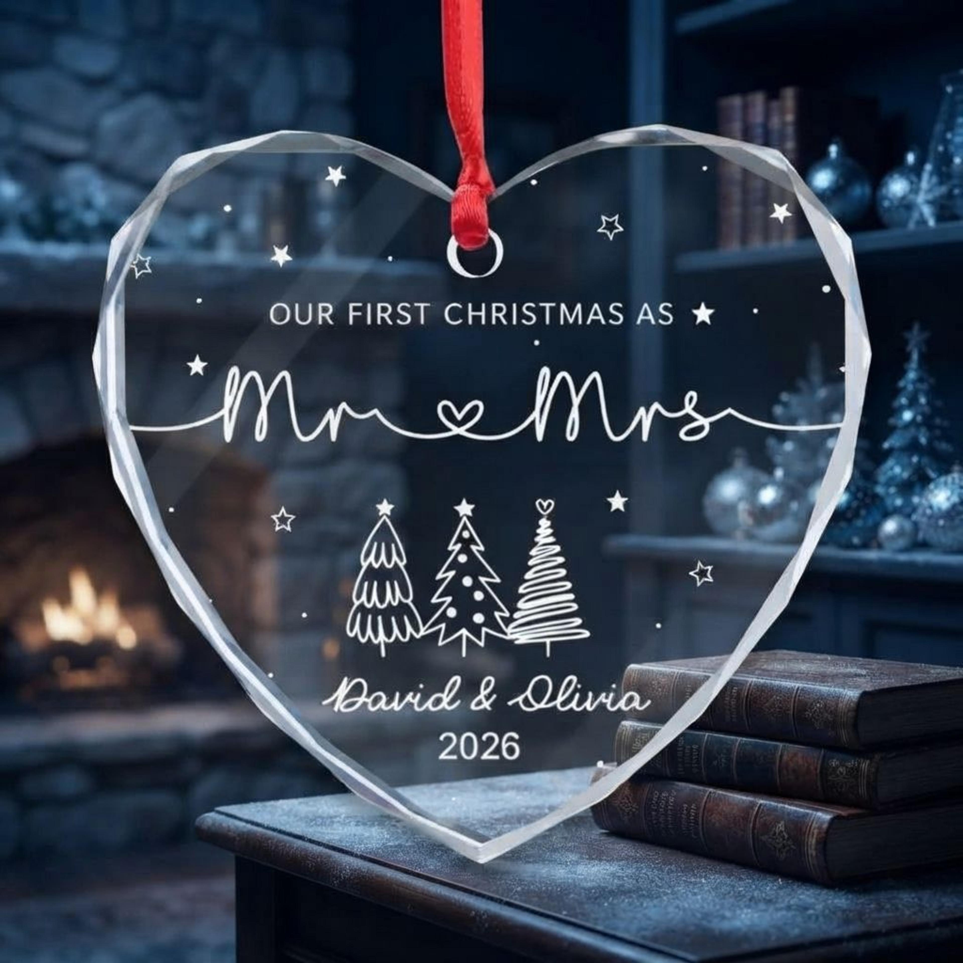 personalized first christmas as mr and mrs ornament, custom couple names heart keepsake, newlywed wedding christmas gift