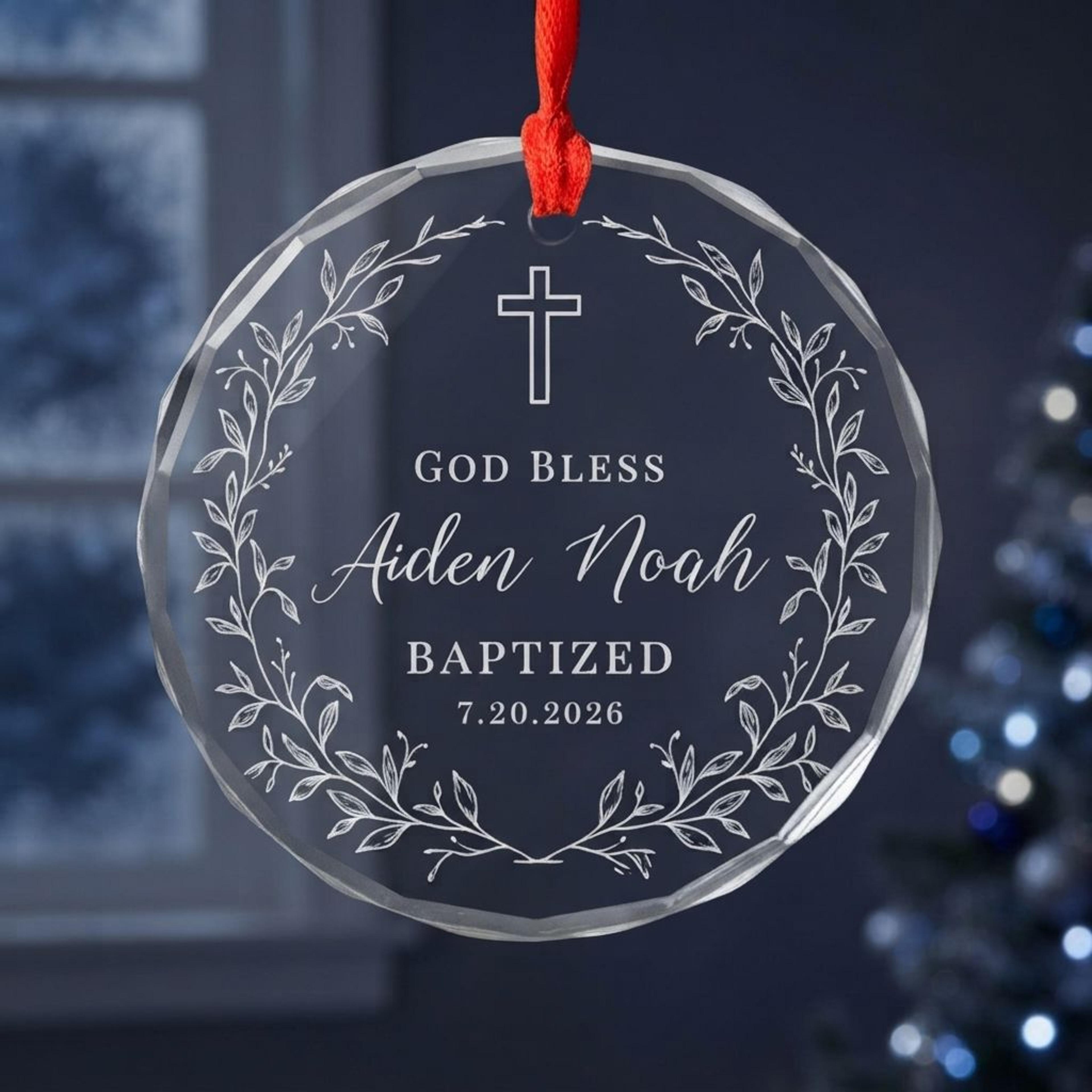 personalized baptism ornament, custom name and baptism date keepsake, god bless christian cross christmas ornament