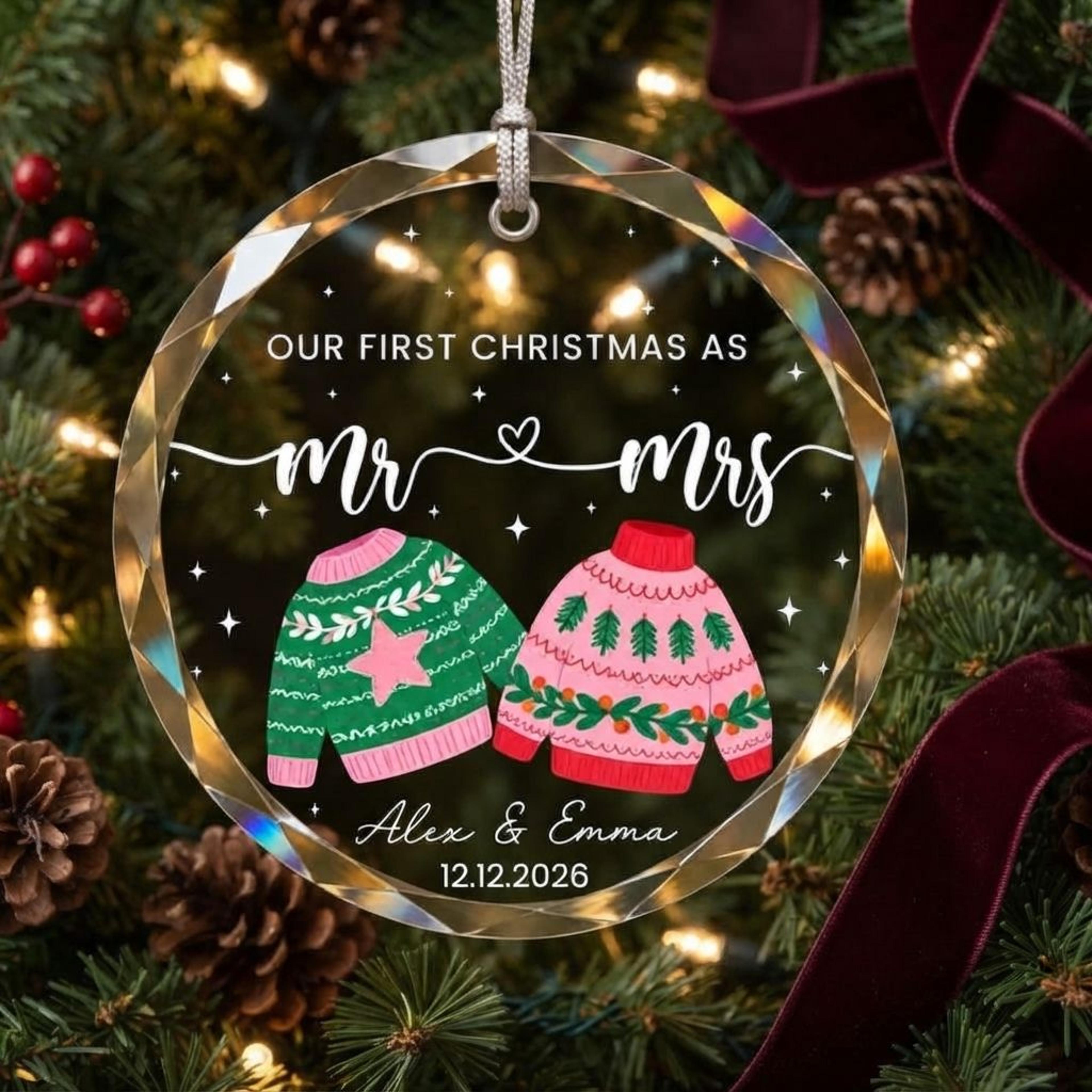 personalized first christmas as mr and mrs ornament, custom couple names wedding date keepsake, ugly sweater newlywed