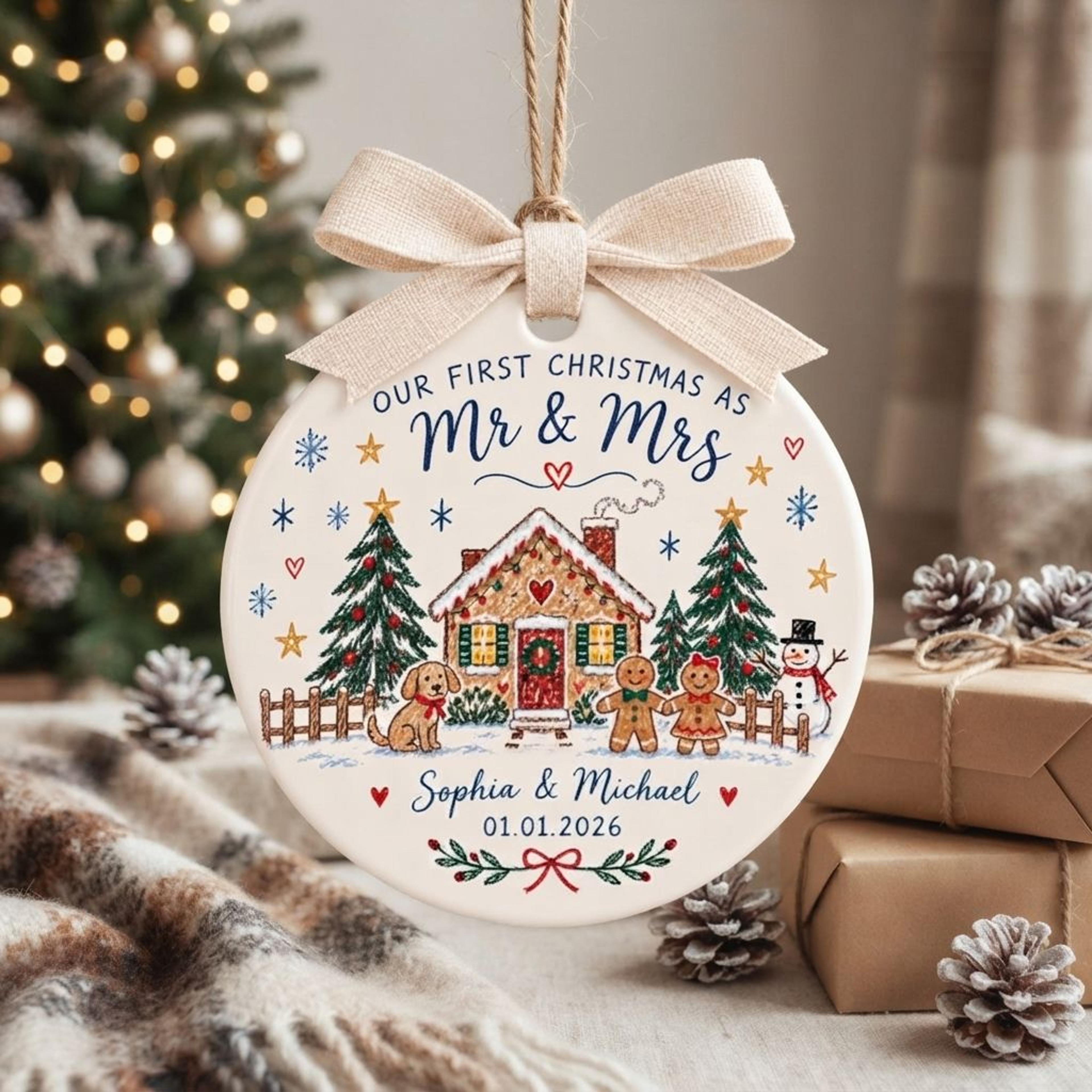 personalized first christmas as mr and mrs ornament, custom newlywed couple names wedding date, gingerbread house