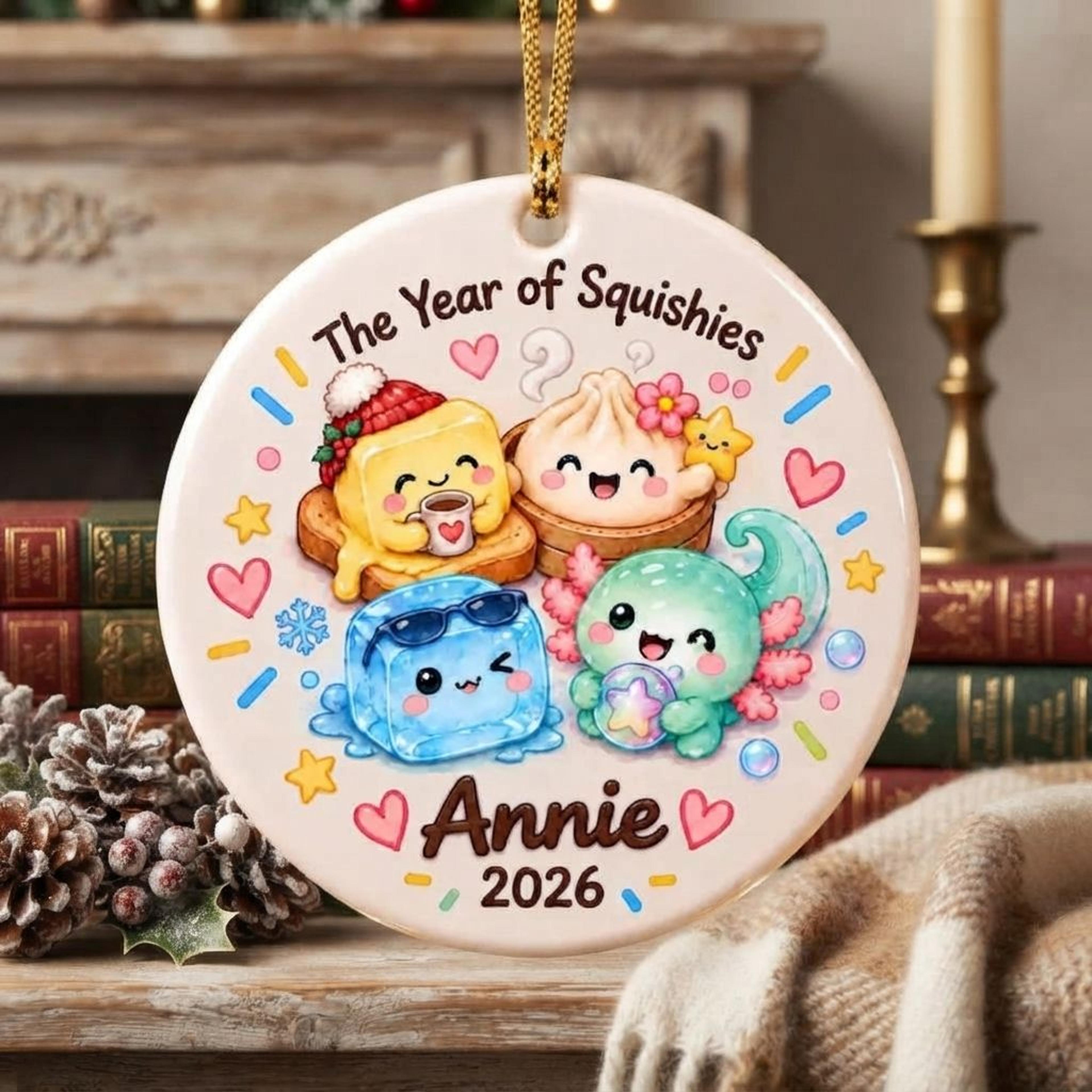 personalized year of squishies christmas ornament, cute kawaii squishy characters, custom name holiday keepsake gift2026