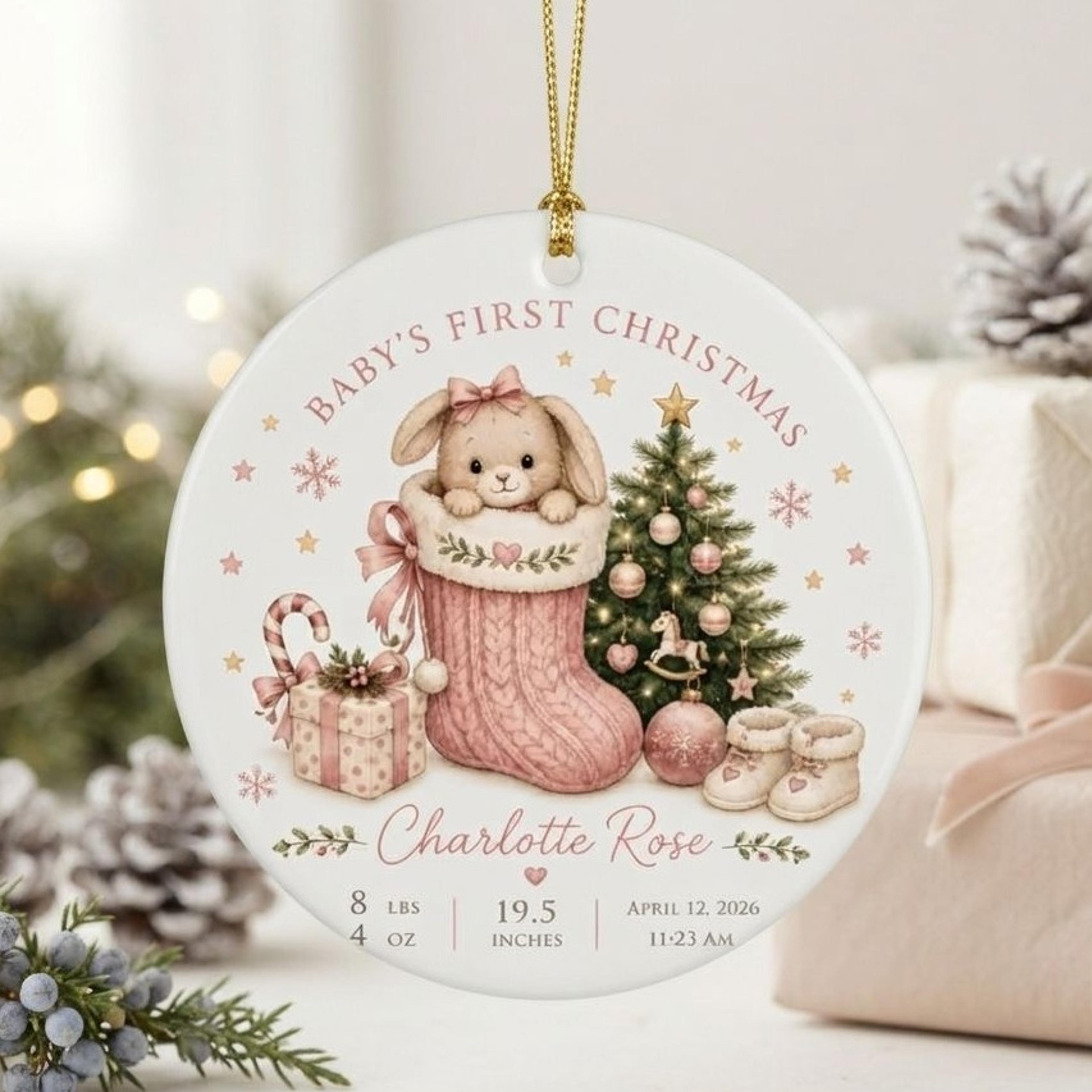 personalized baby's first christmas ornament 2026, custom baby boy birth stats keepsake, bunny rabbit newborn christmas