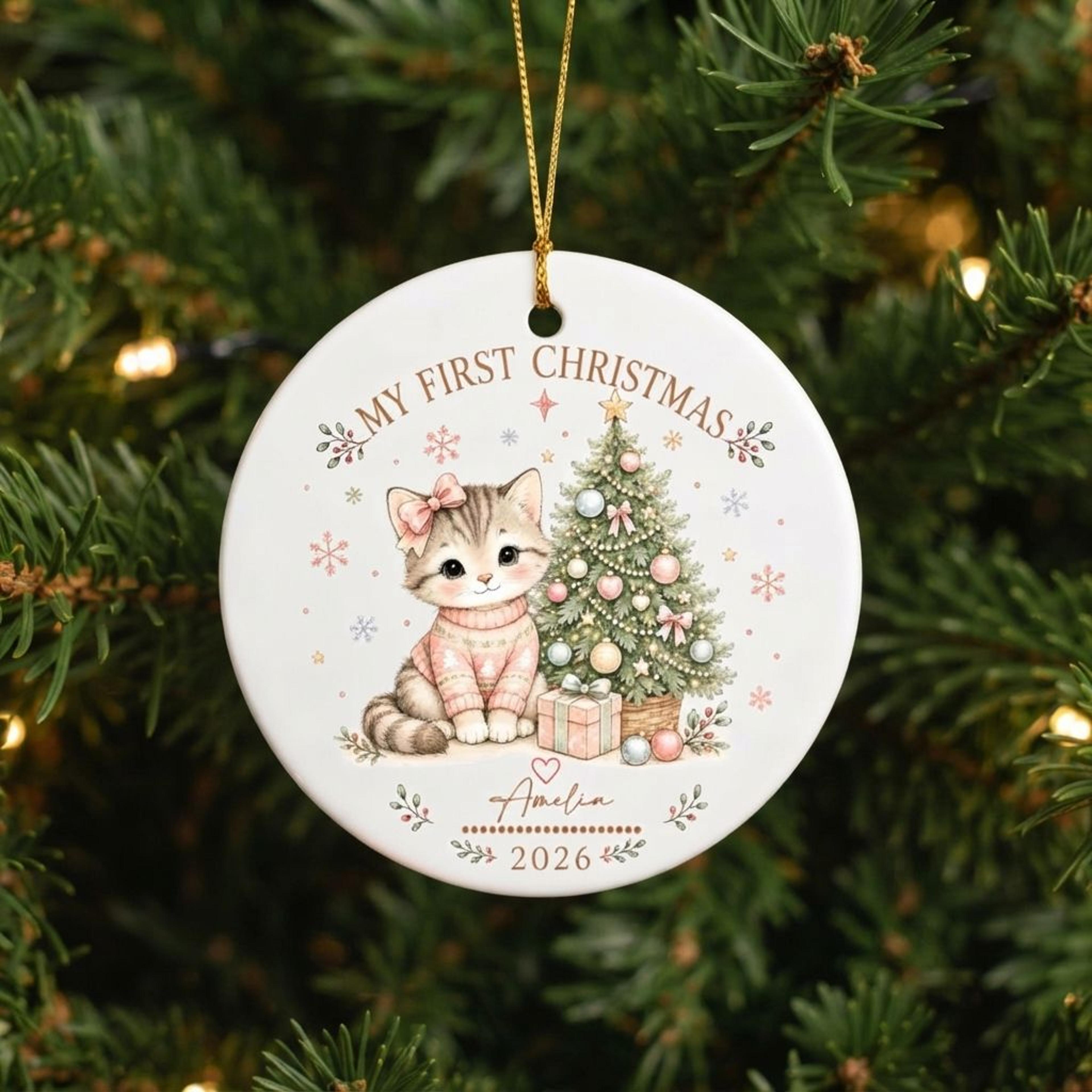 personalized kitten first christmas ornament 2026, cute cat in pink sweater holiday keepsake, custom pet name christmas