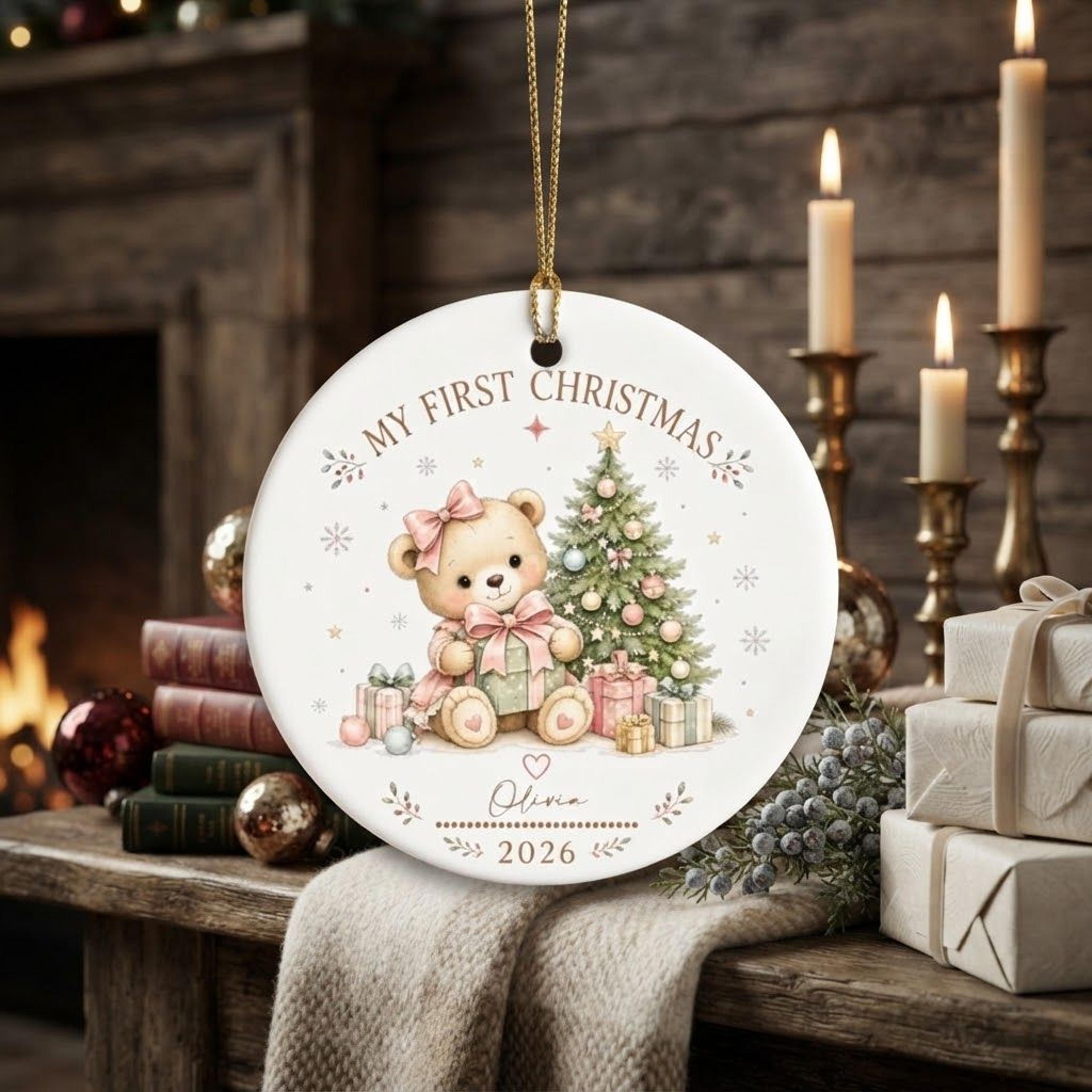 personalized baby girl first christmas ornament 2026, pink teddy bear christmas decoration, custom baby name keepsake gi