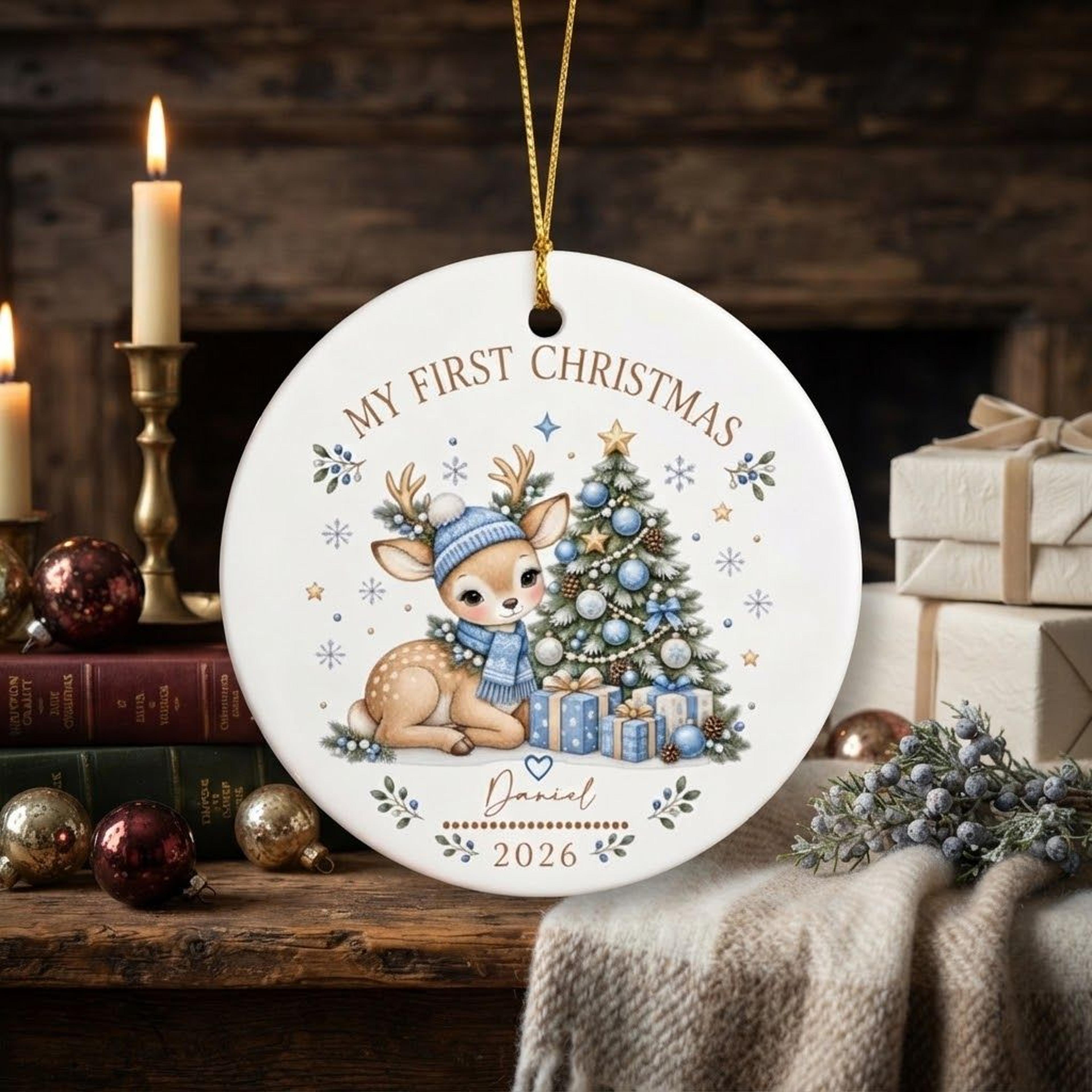 personalized baby first christmas ornament 2026, cute reindeer with blue scarf, custom baby boy name christmas keepsake