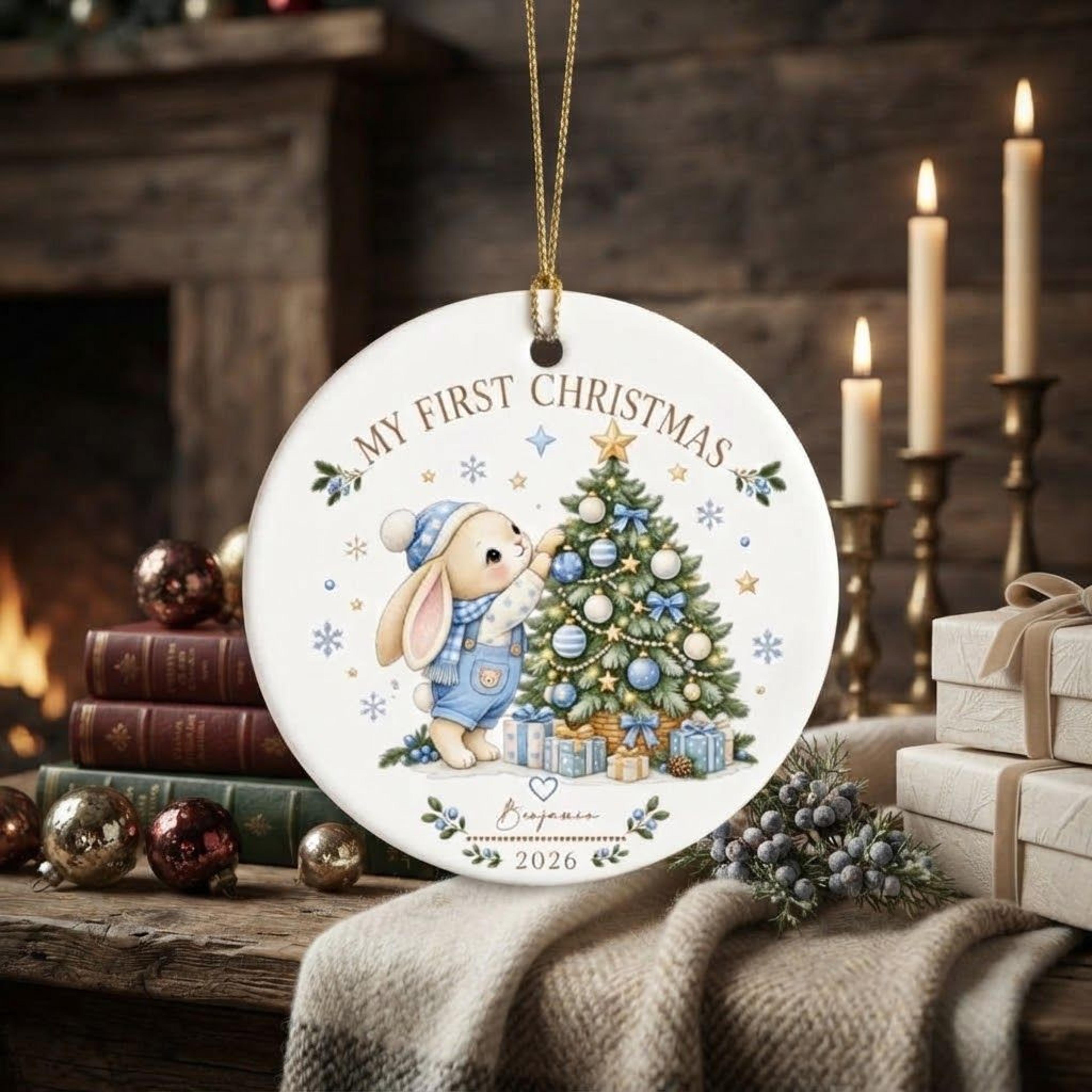 personalized baby boy first christmas ornament 2026, cute bunny decorating christmas tree, custom baby name keepsake