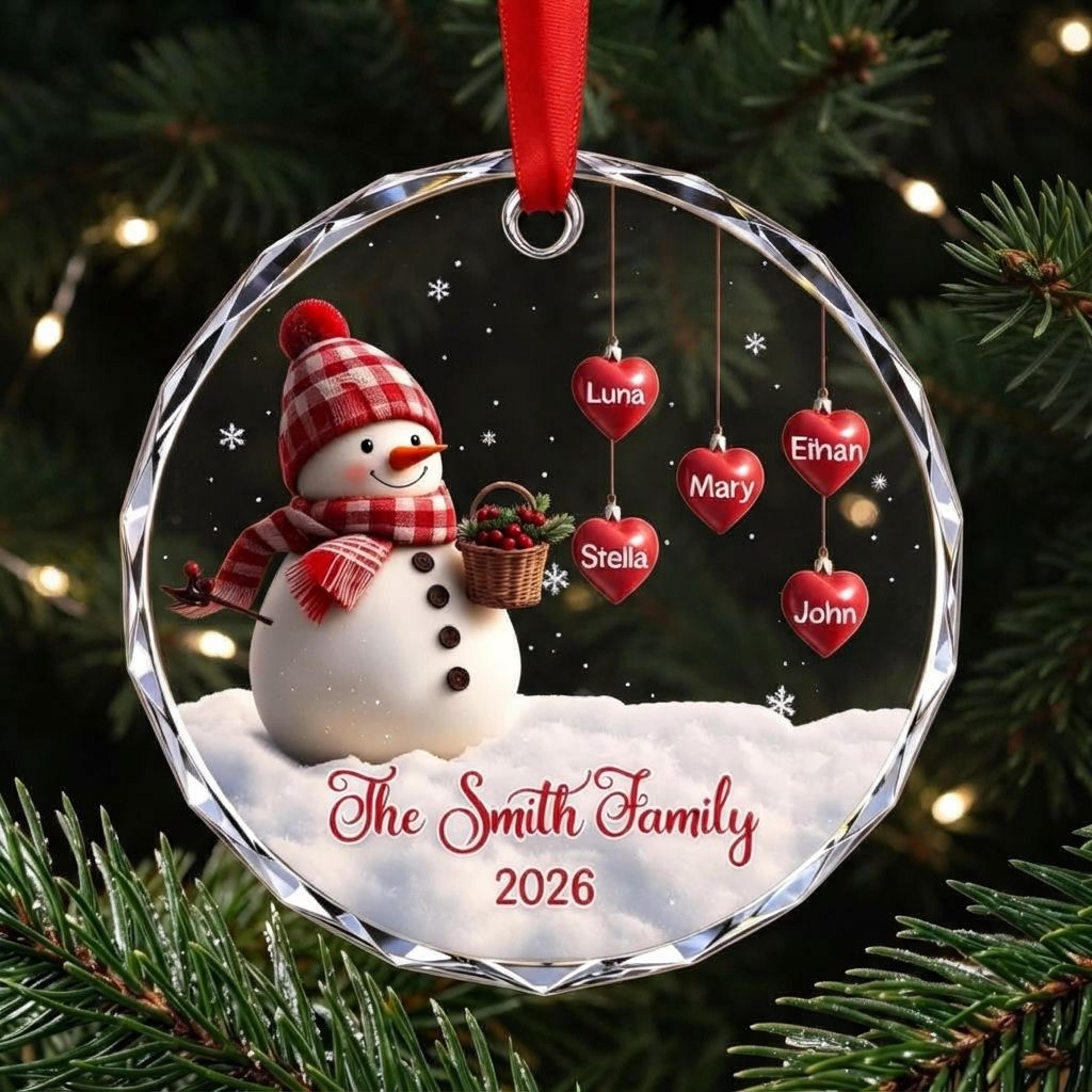 personalized snowman family christmas ornament 2026, custom names heart ornament, cute snowman holiday keepsake, family