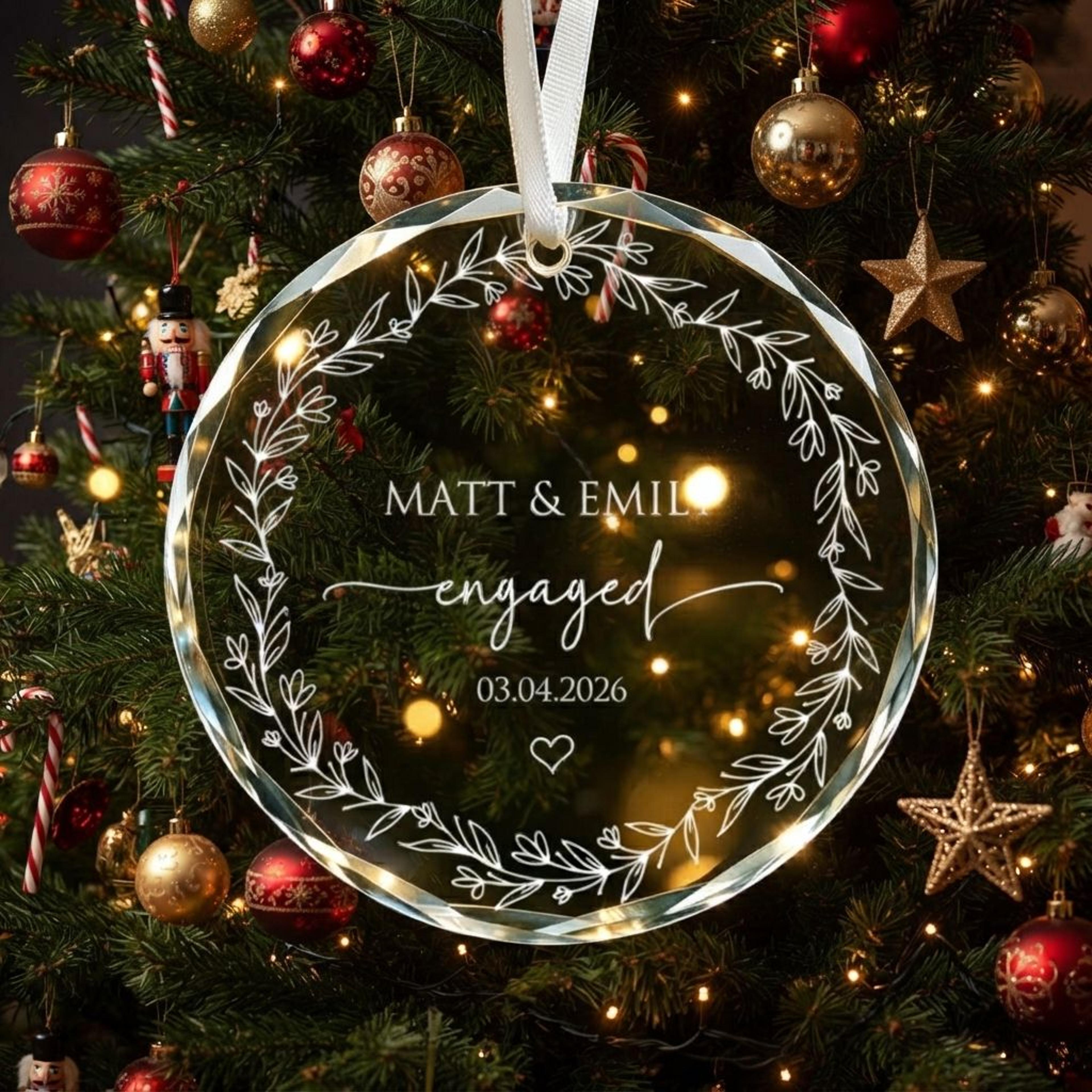 personalized engagement christmas ornament 2026, custom engaged couple names keepsake, floral wreath engagement gift for