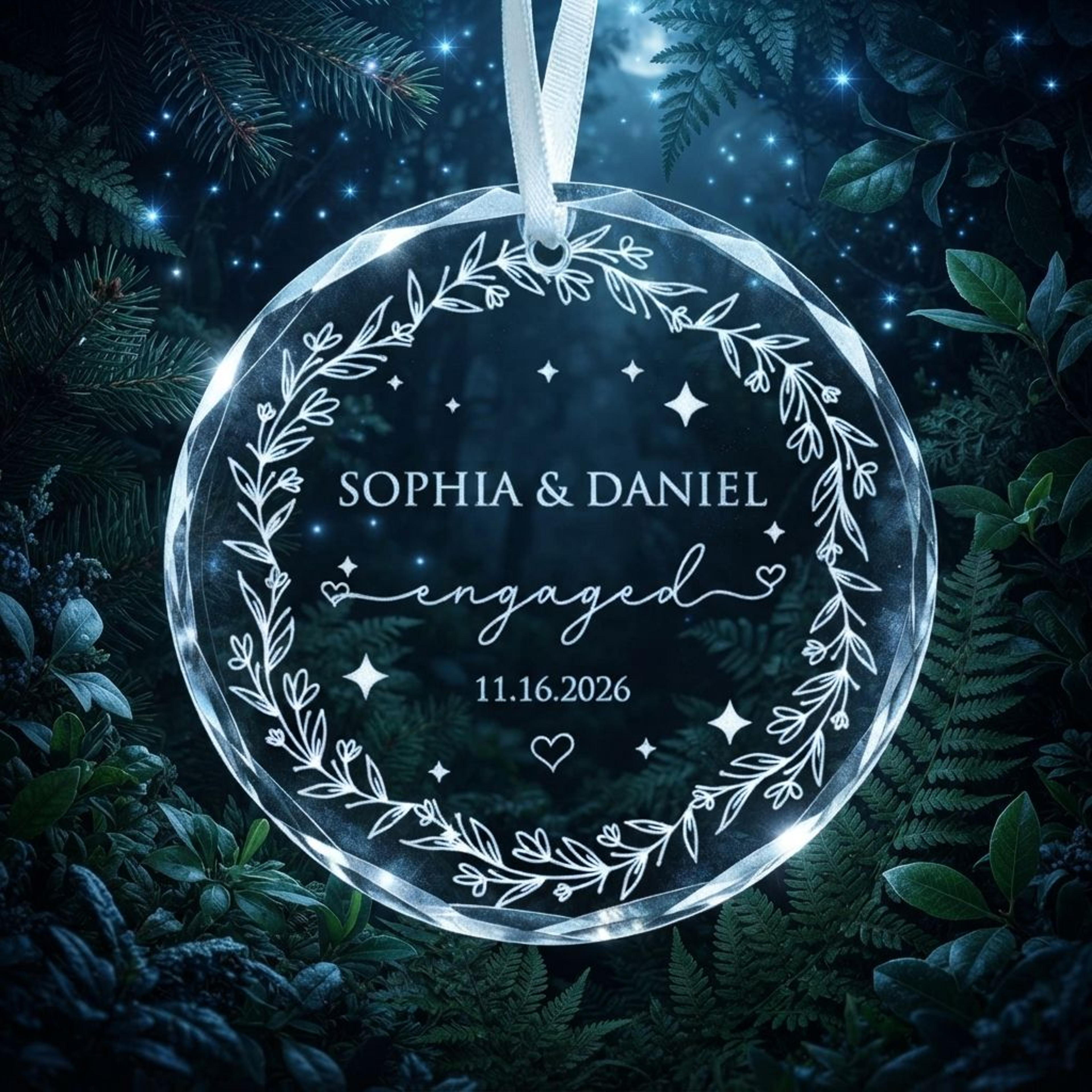 personalized engaged christmas ornament 2026, custom couple names engagement keepsake, elegant floral wreath gift for