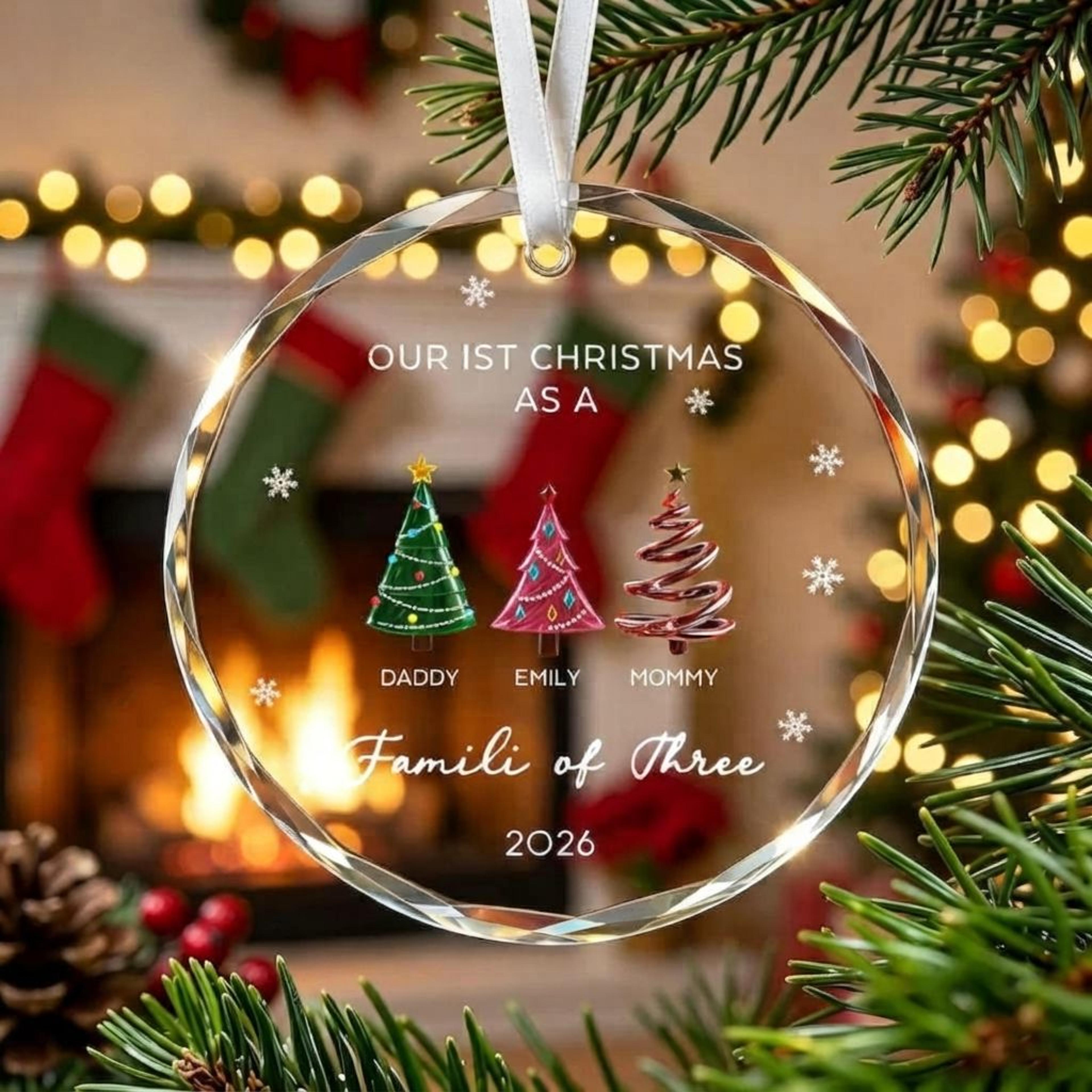personalized family of three christmas ornament 2026, custom family names christmas trees, first christmas as three keep