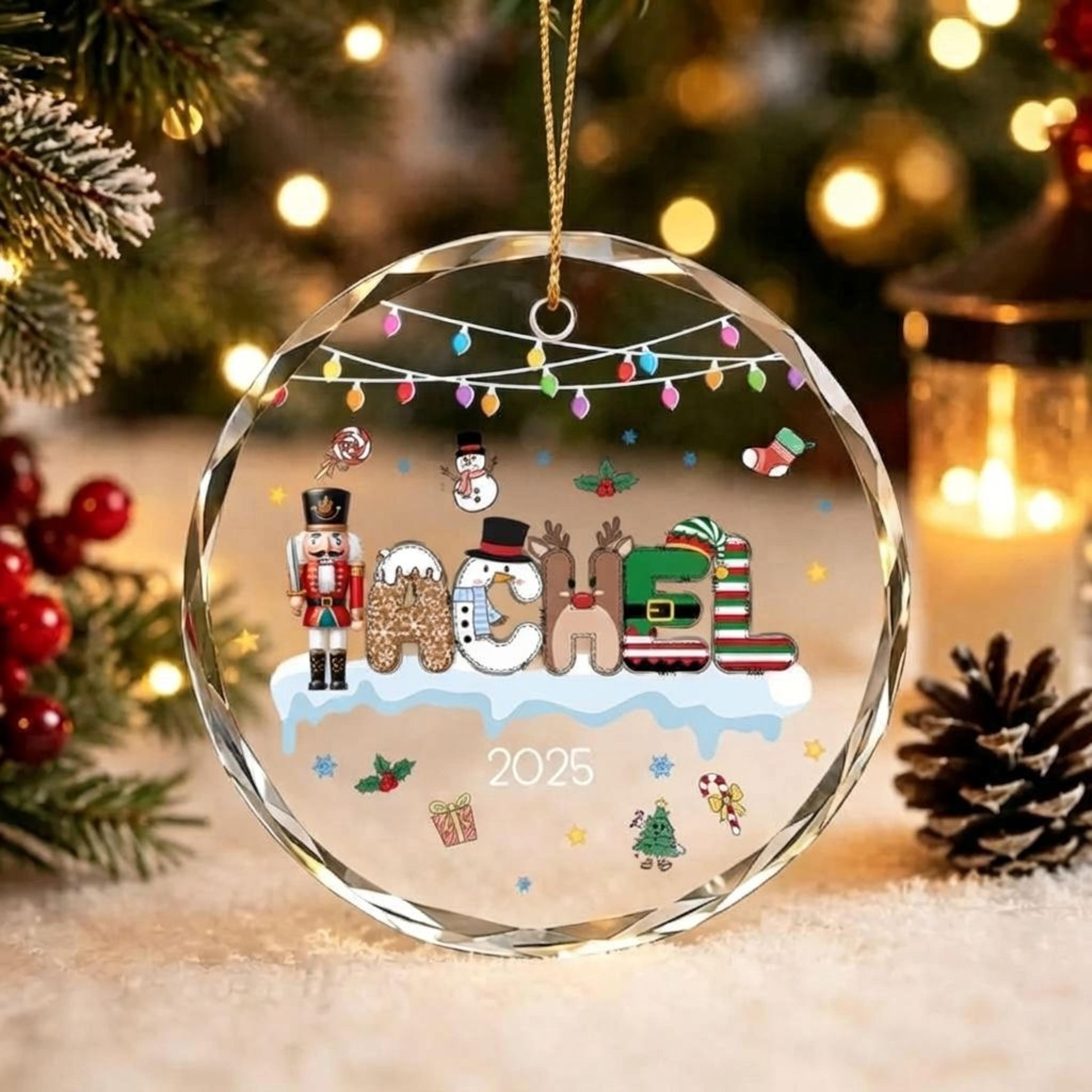 personalized christmas name ornament, custom festive letter design, colorful holiday lights, nutcracker snowman keepsake
