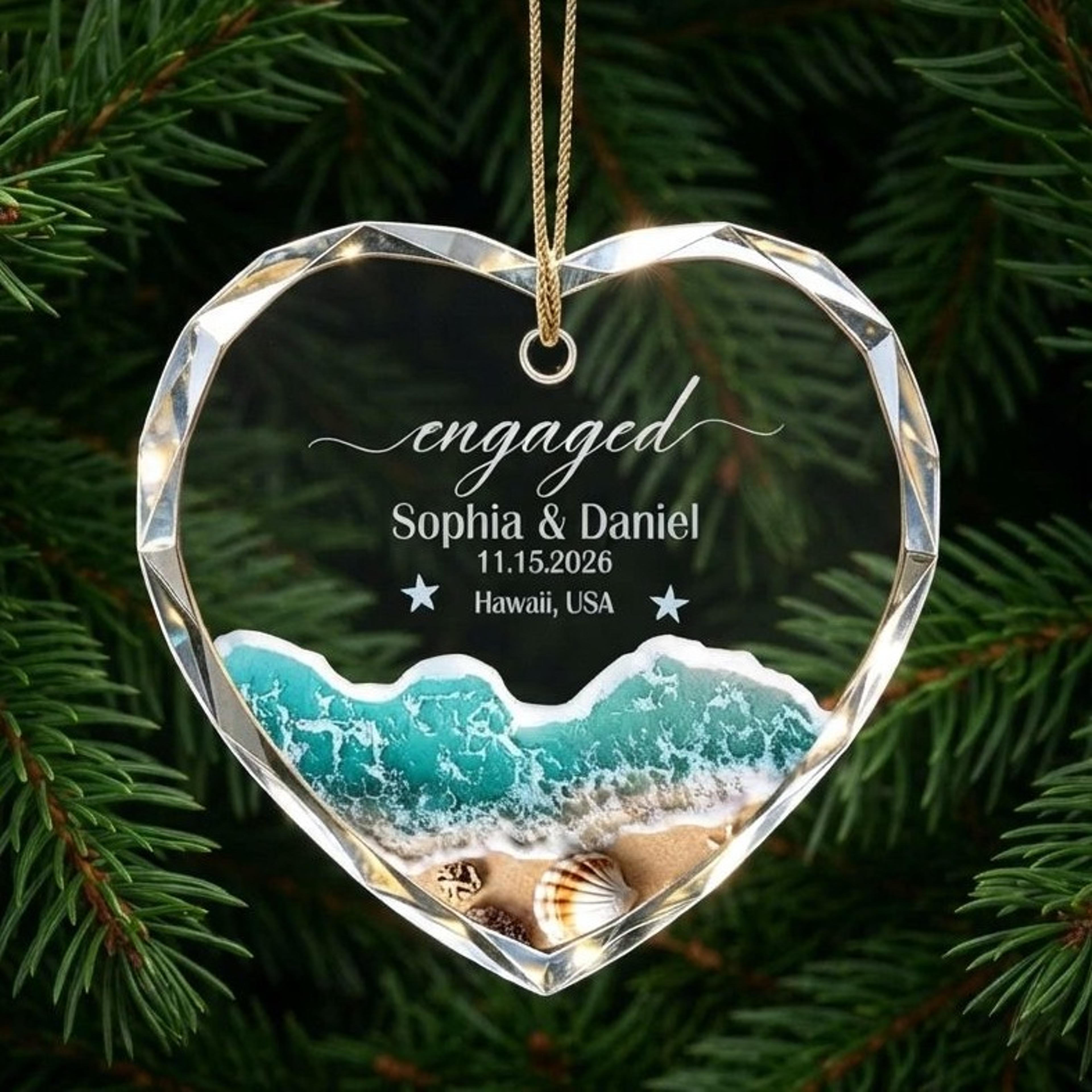 personalized beach engagement ornament 2026, custom couple names heart keepsake, ocean wave proposal gift, engaged