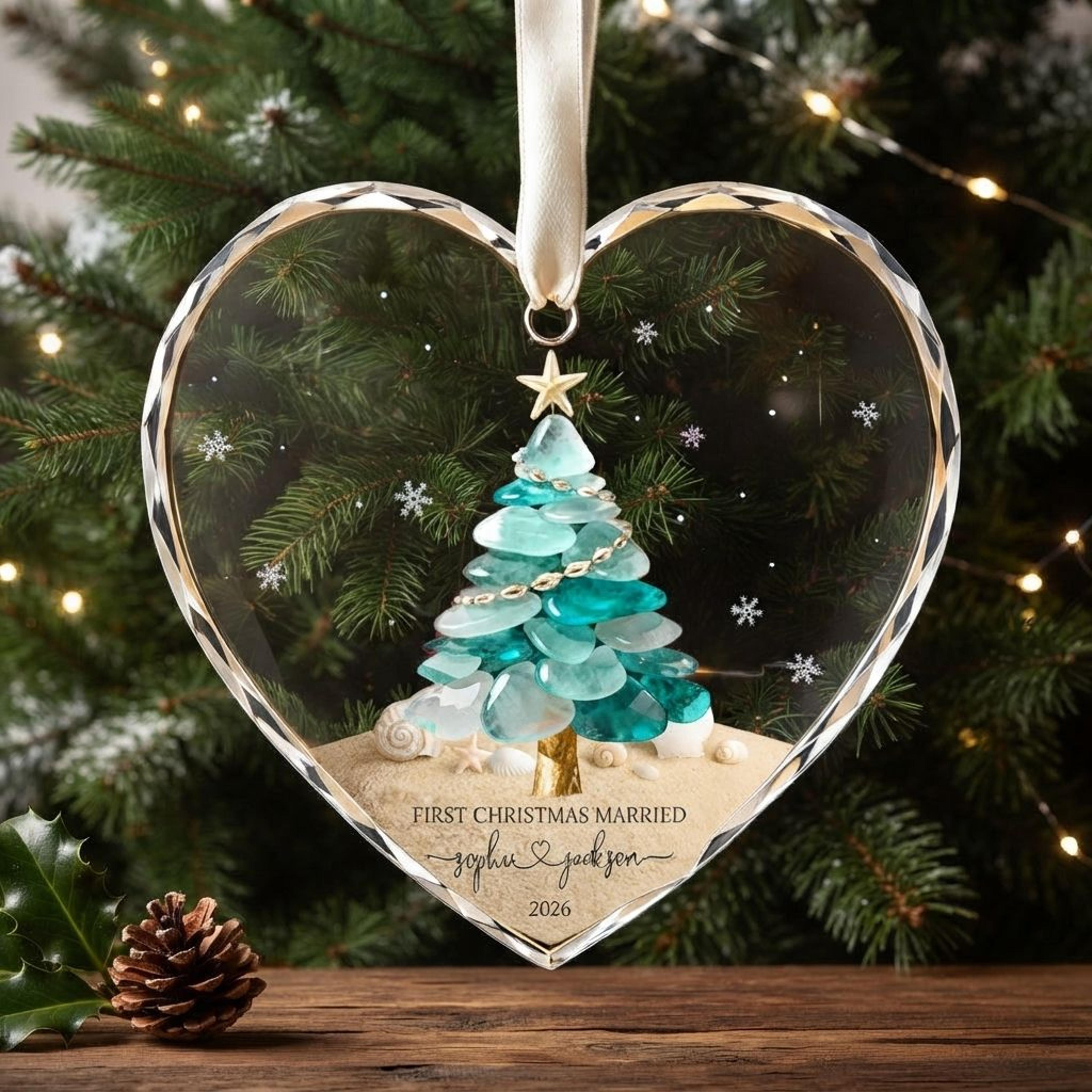 personalized engagement christmas ornament 2026, custom couple names beach heart ornament, coastal proposal keepsake
