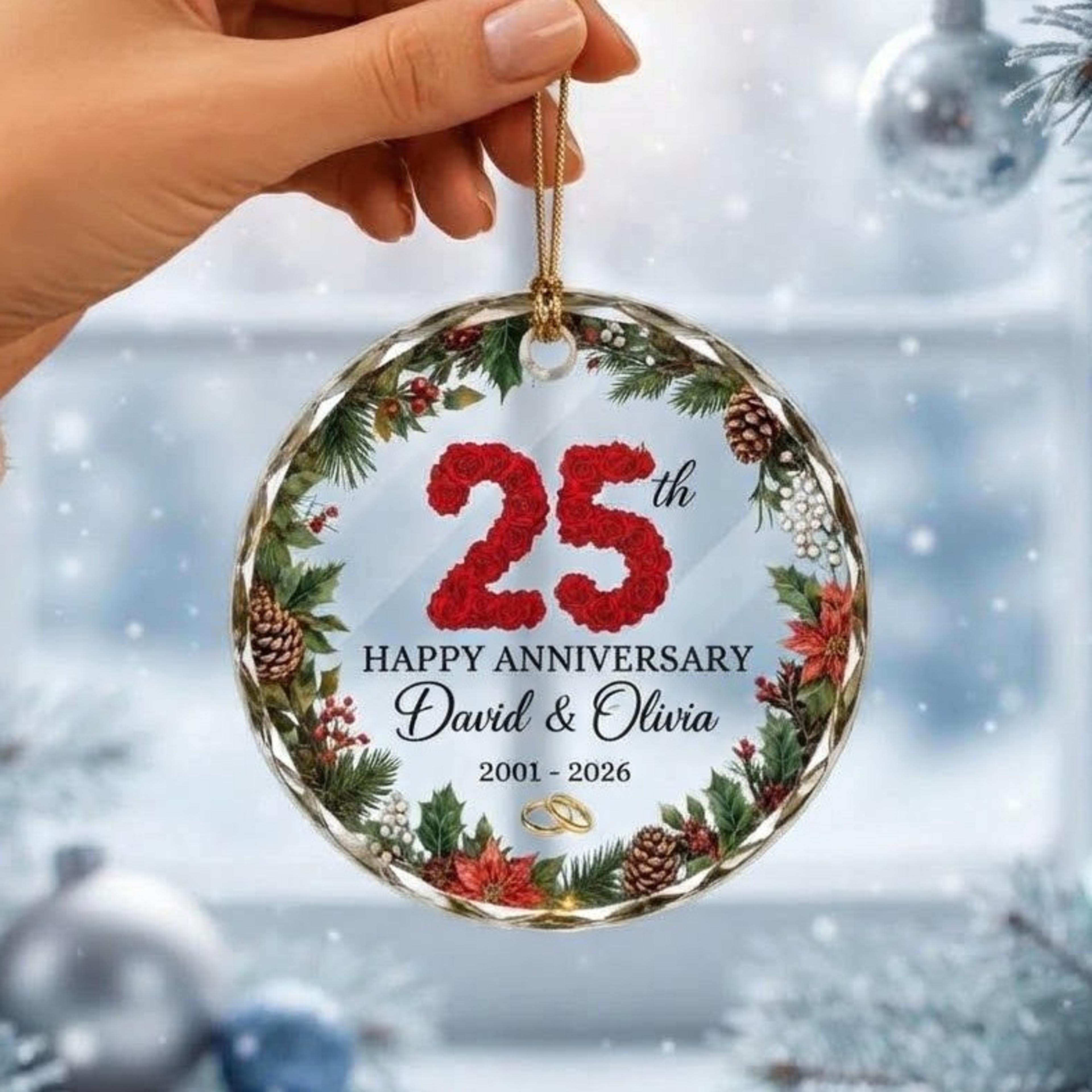 personalized 25th wedding anniversary ornament, silver jubilee christmas keepsake, custom couple names, 25 years married