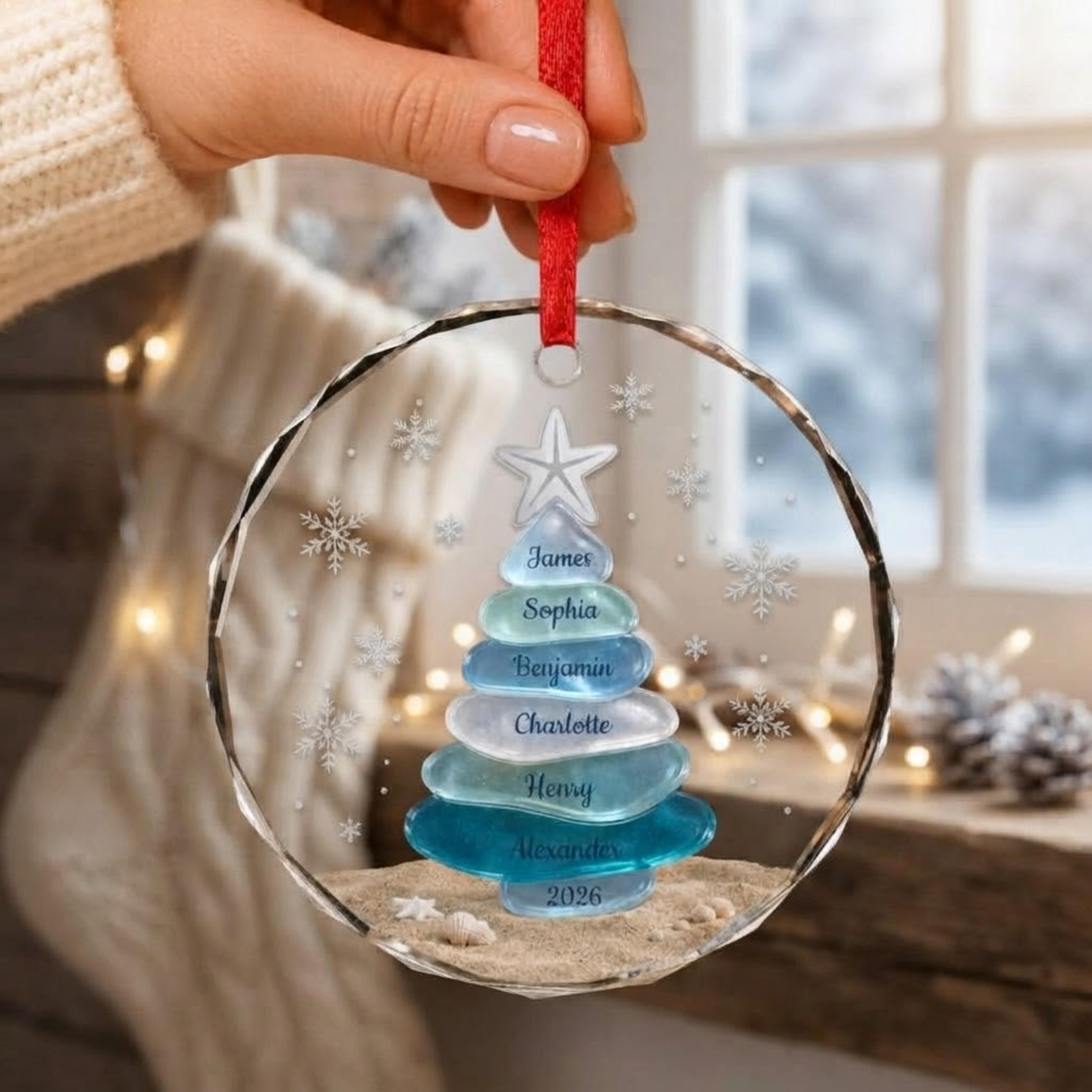 personalized sea glass christmas tree ornament 2026, custom family names coastal christmas keepsake, beach lover holiday