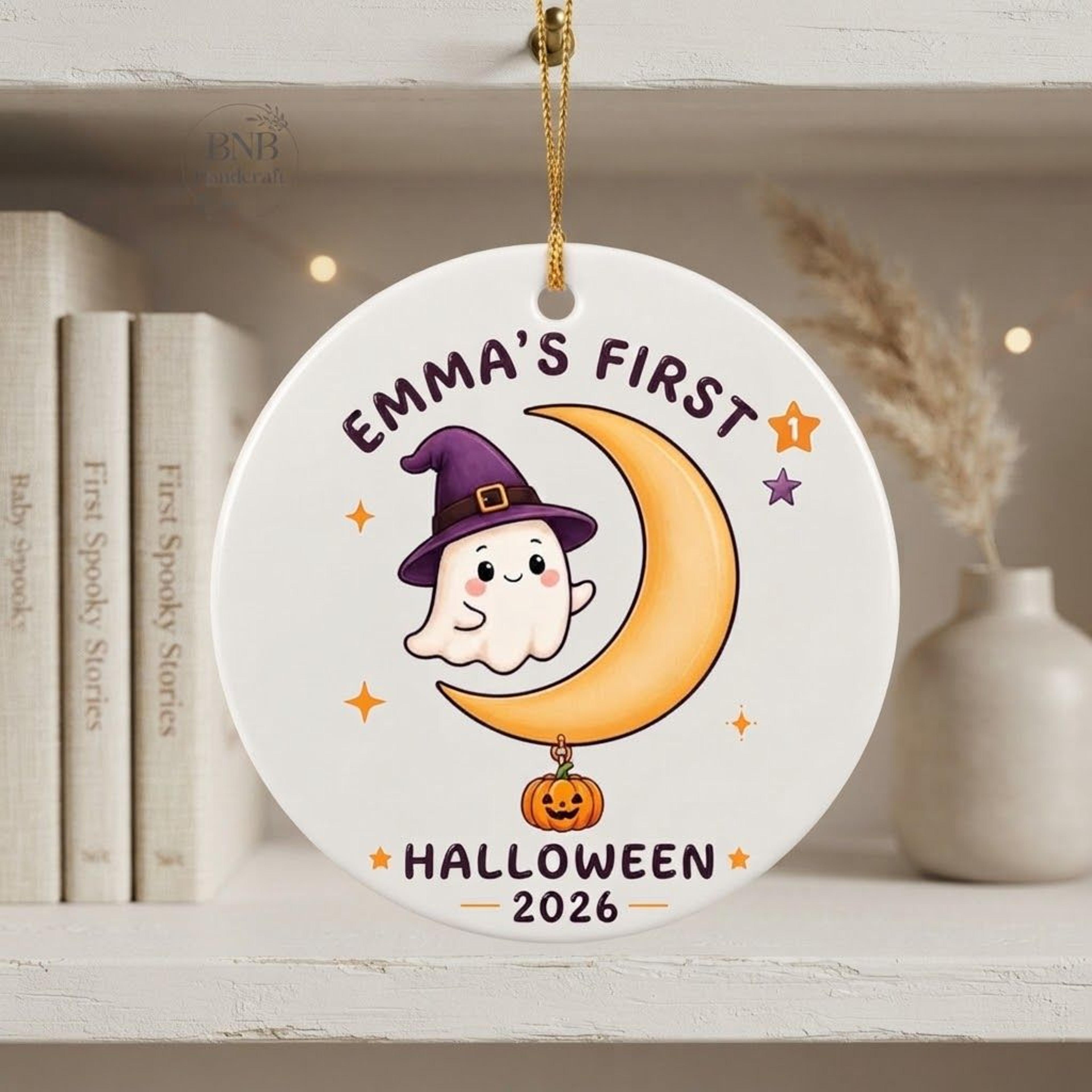 personalized baby first halloween ornament 2026, custom name cute ghost keepsake, spooky moon pumpkin baby halloween