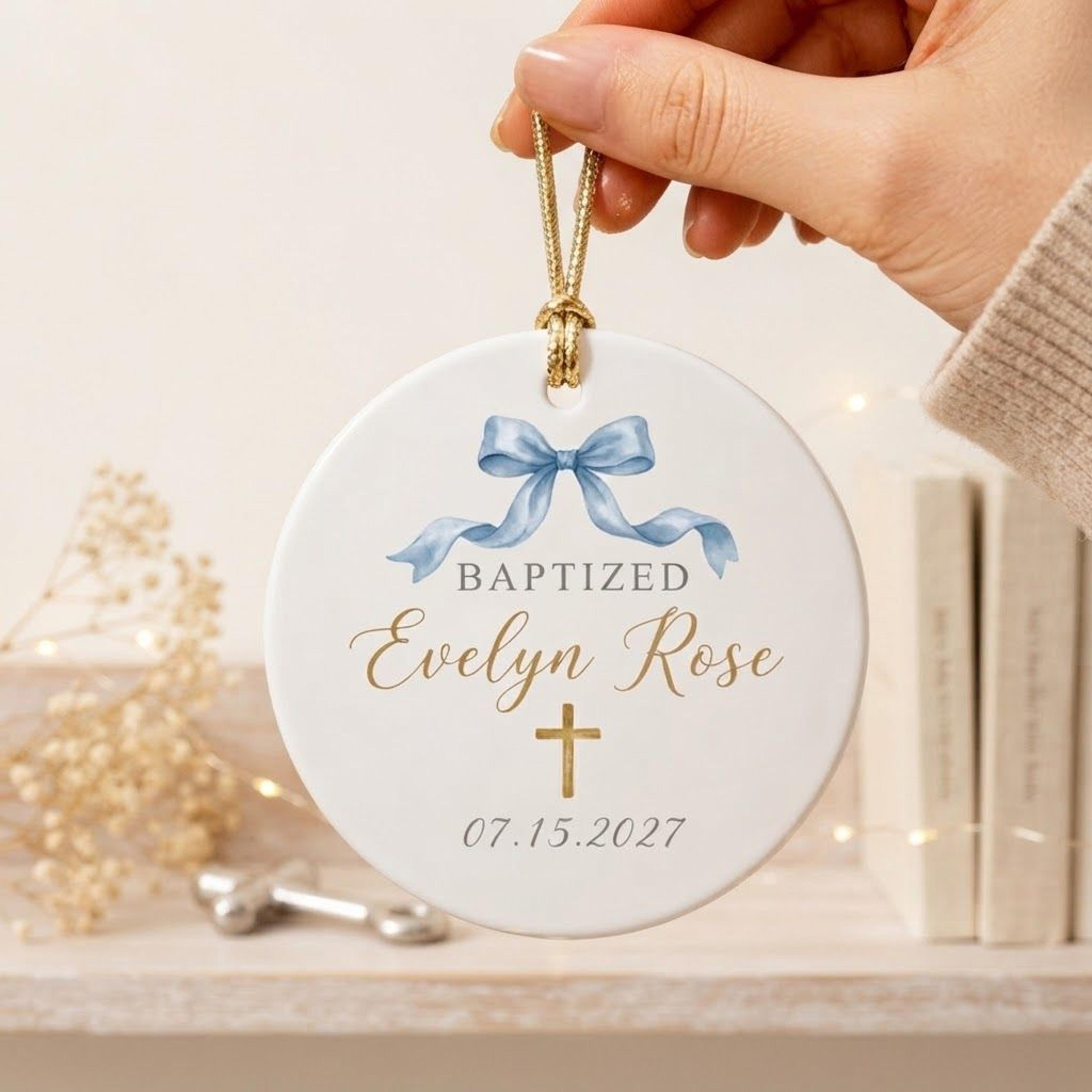 personalized baptism ornament, custom baby name and date christening keepsake, blue bow cross baptized gift, religious