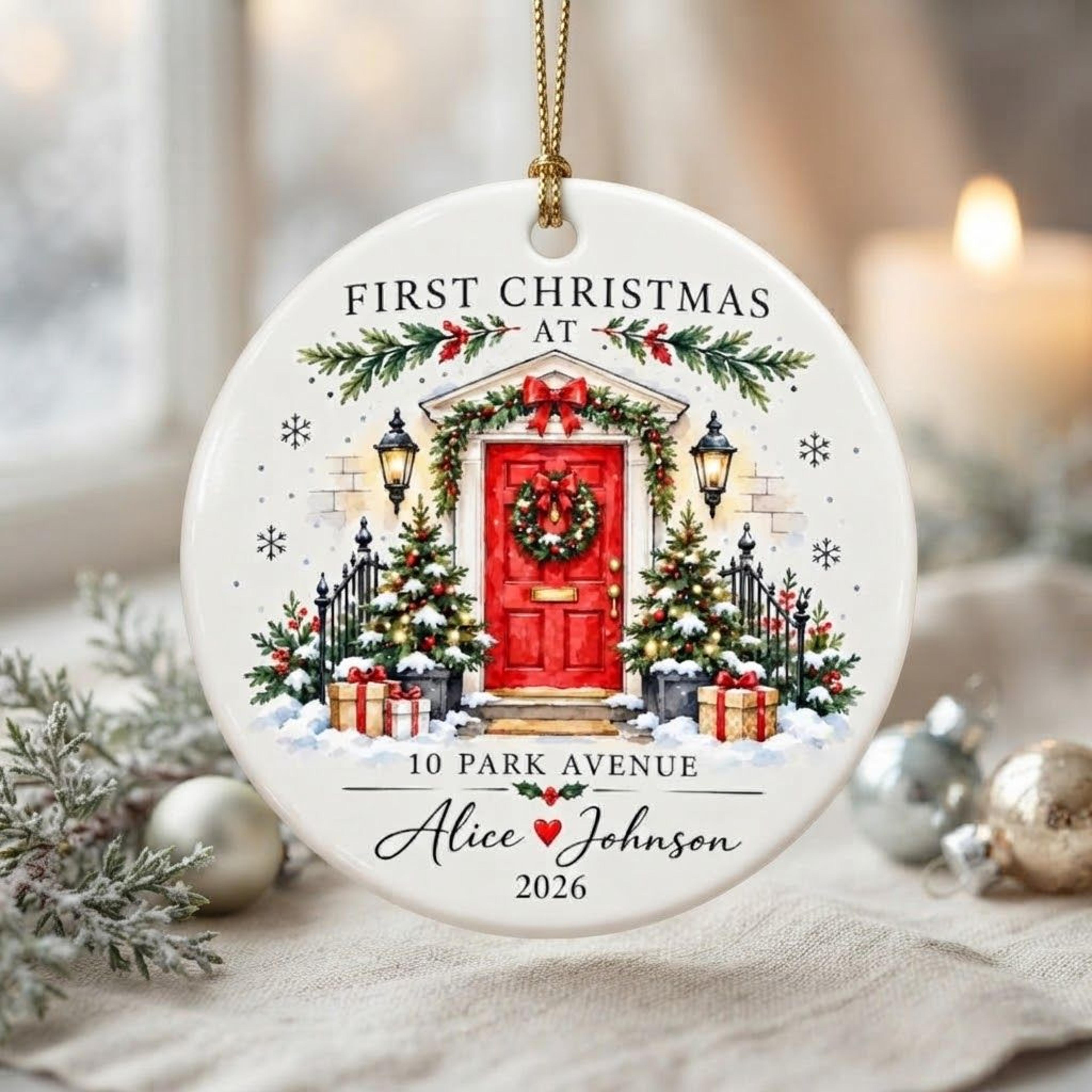 personalized first christmas in new home ornament 2026, custom address and couple names, red door housewarming christmas