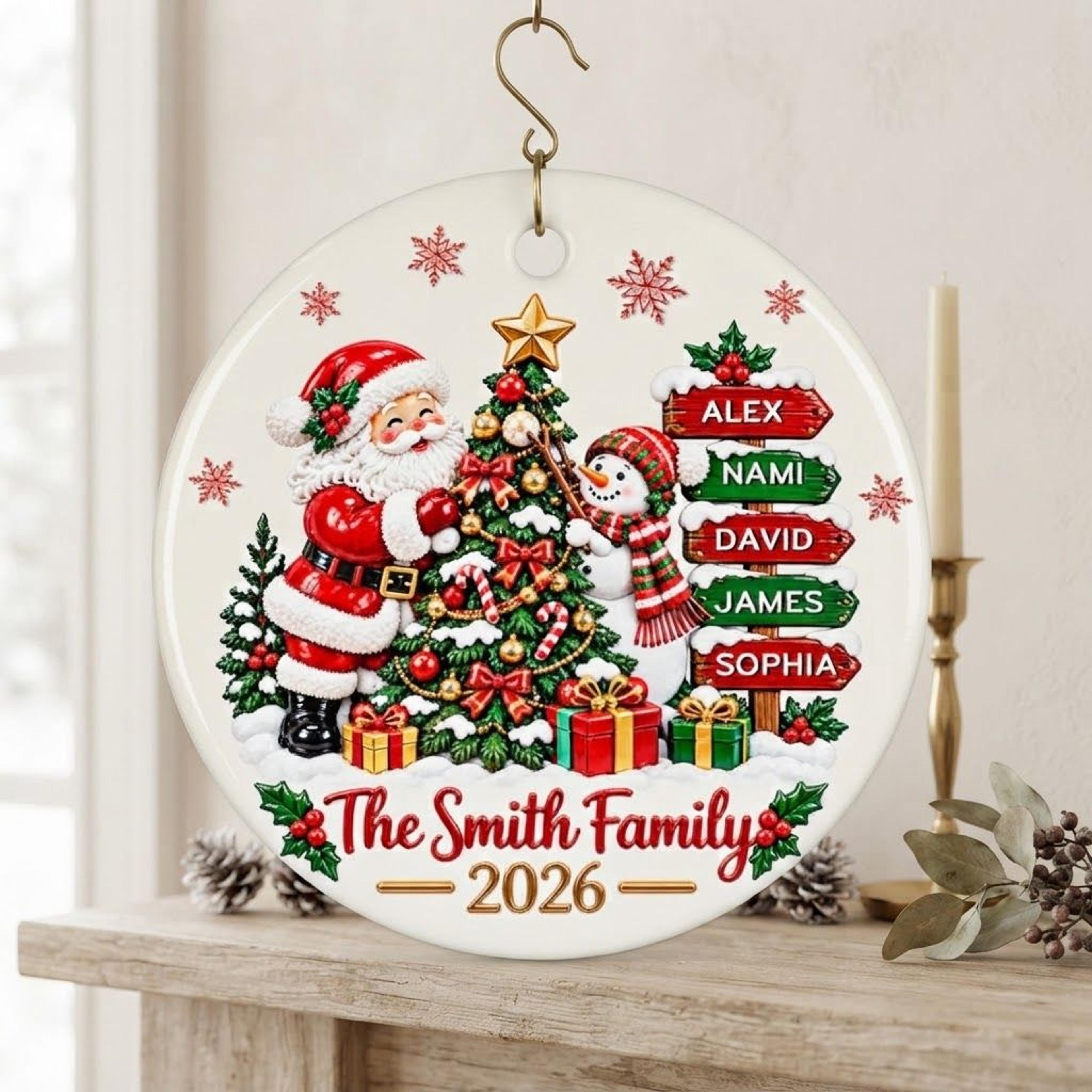 personalized family christmas ornament 2026, custom names santa and snowman christmas tree decoration, family keepsake