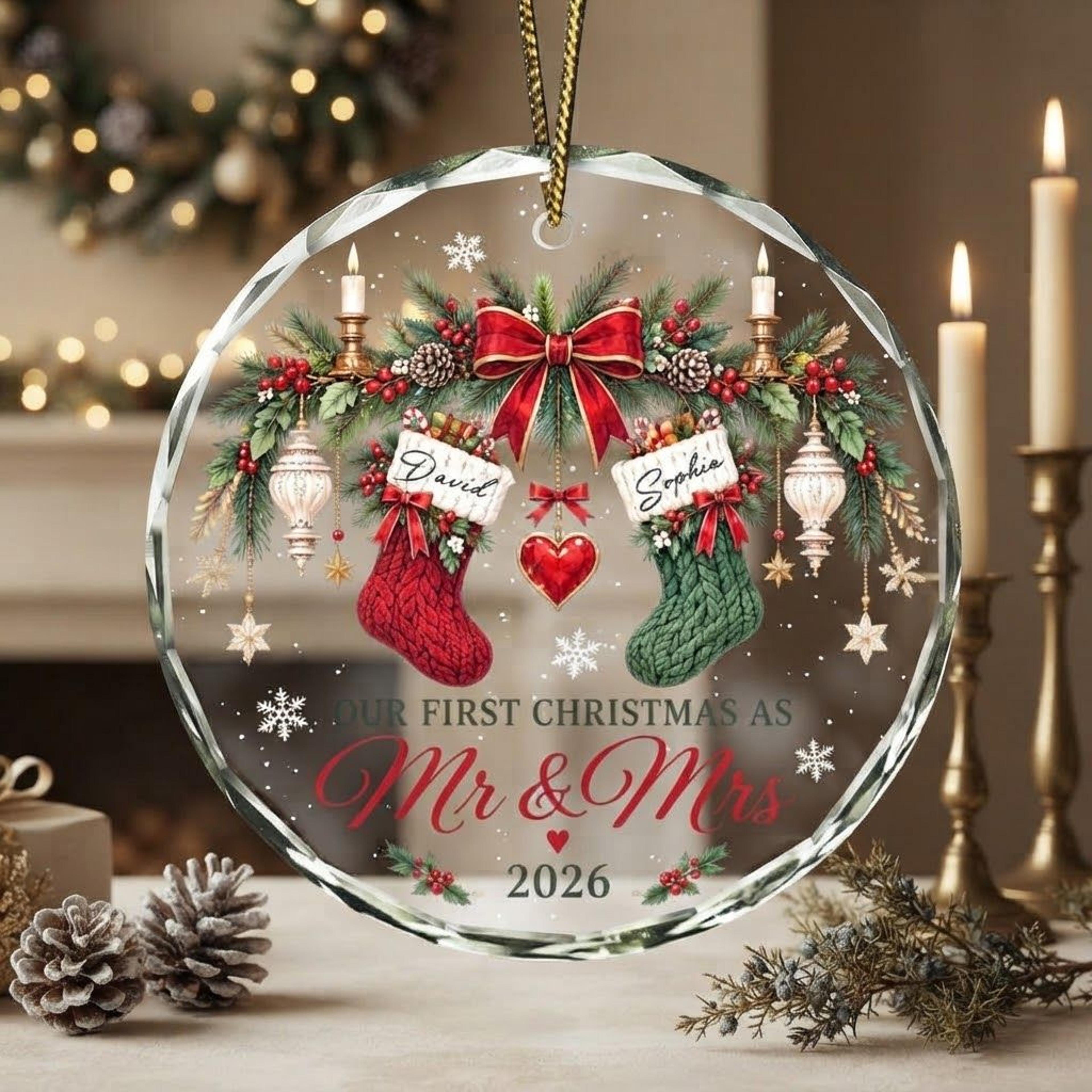 personalized first christmas married ornament 2026, custom mr and mrs christmas stocking ornament, newlywed couple