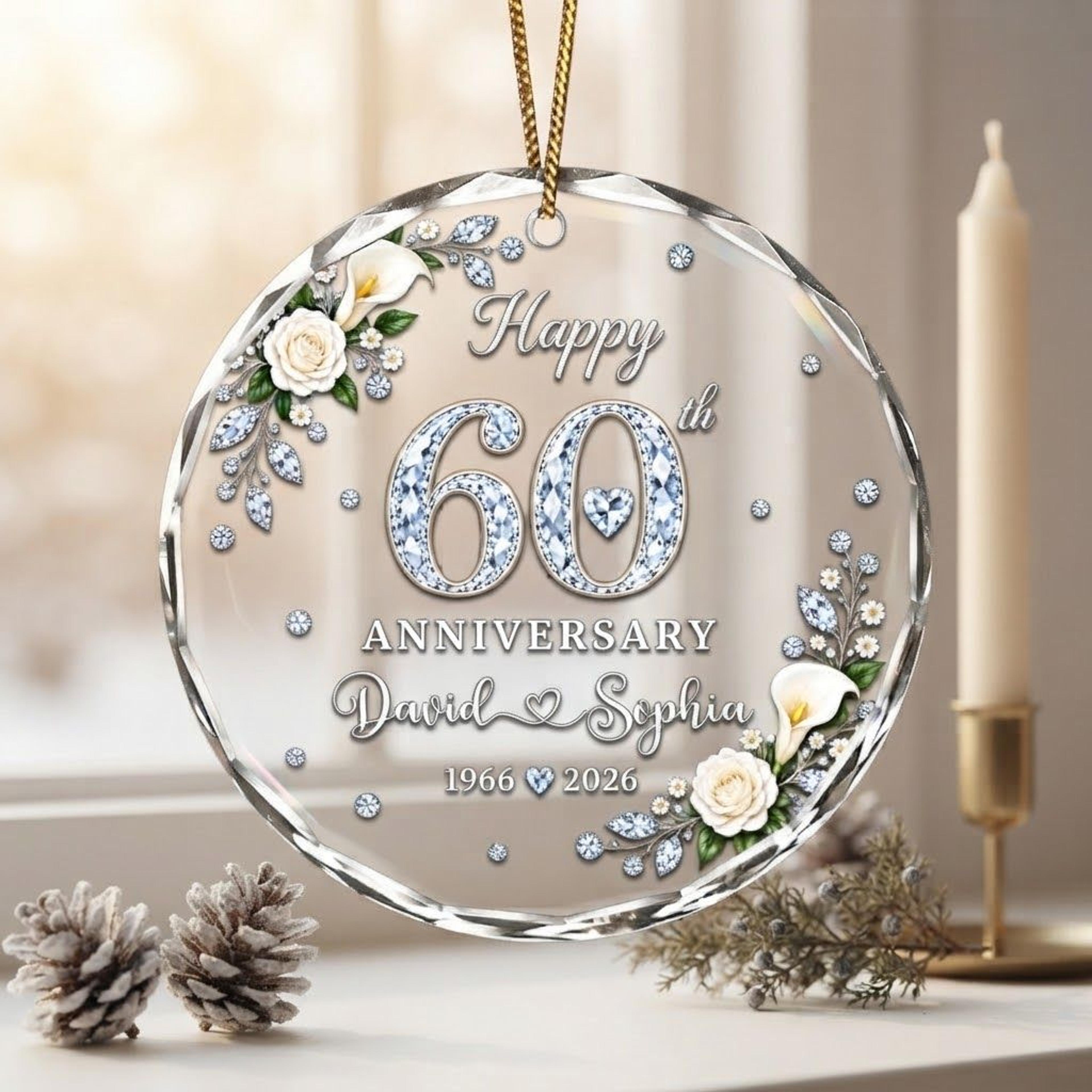 personalized 60th wedding anniversary ornament, diamond anniversary gift for couples, custom names and dates, 60 years