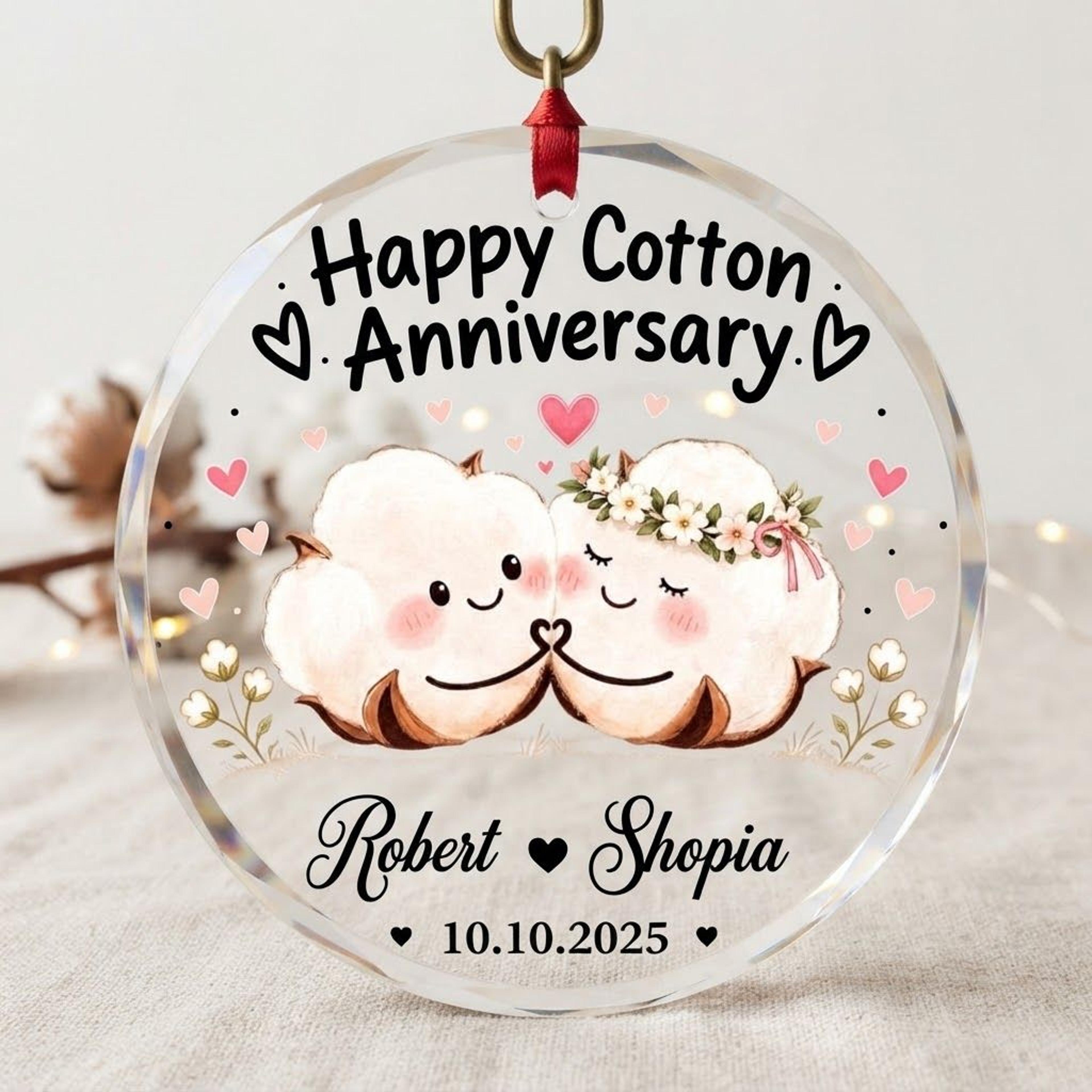 personalized cotton anniversary ornament, 2nd wedding anniversary gift for couple, cute cotton love keepsake, custom