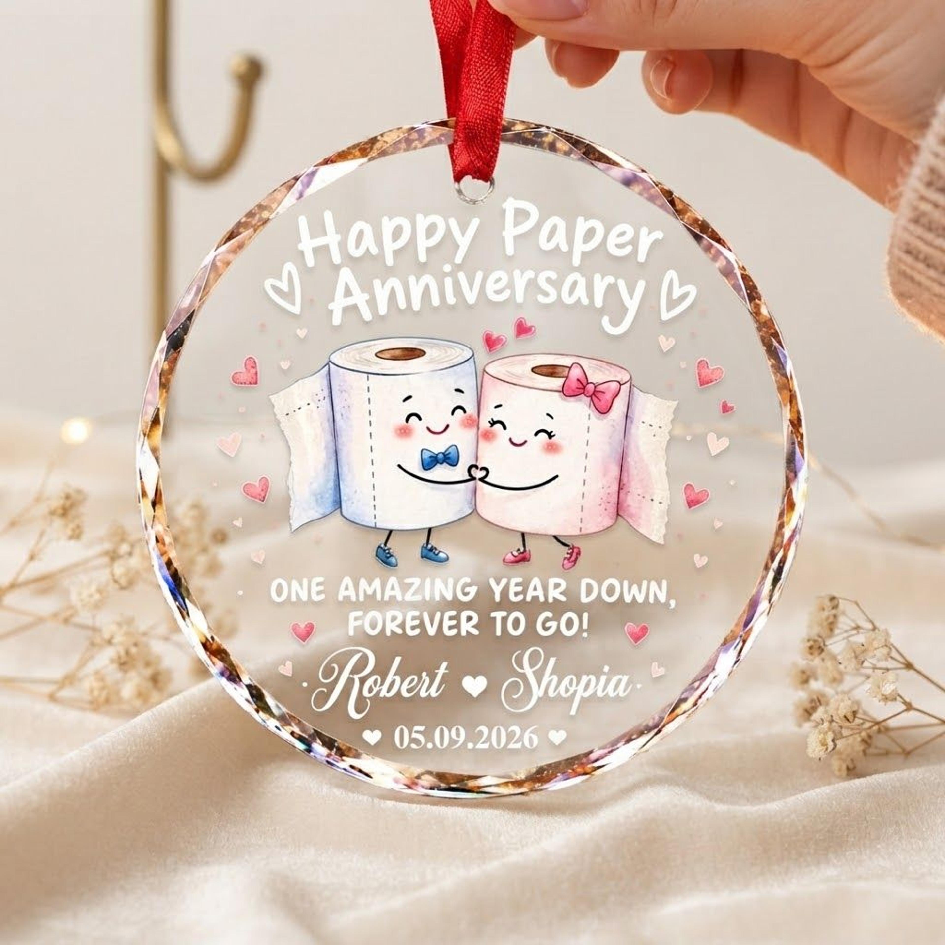 personalized paper anniversary ornament, 1st wedding anniversary gift for couples, funny toilet paper couple keepsake