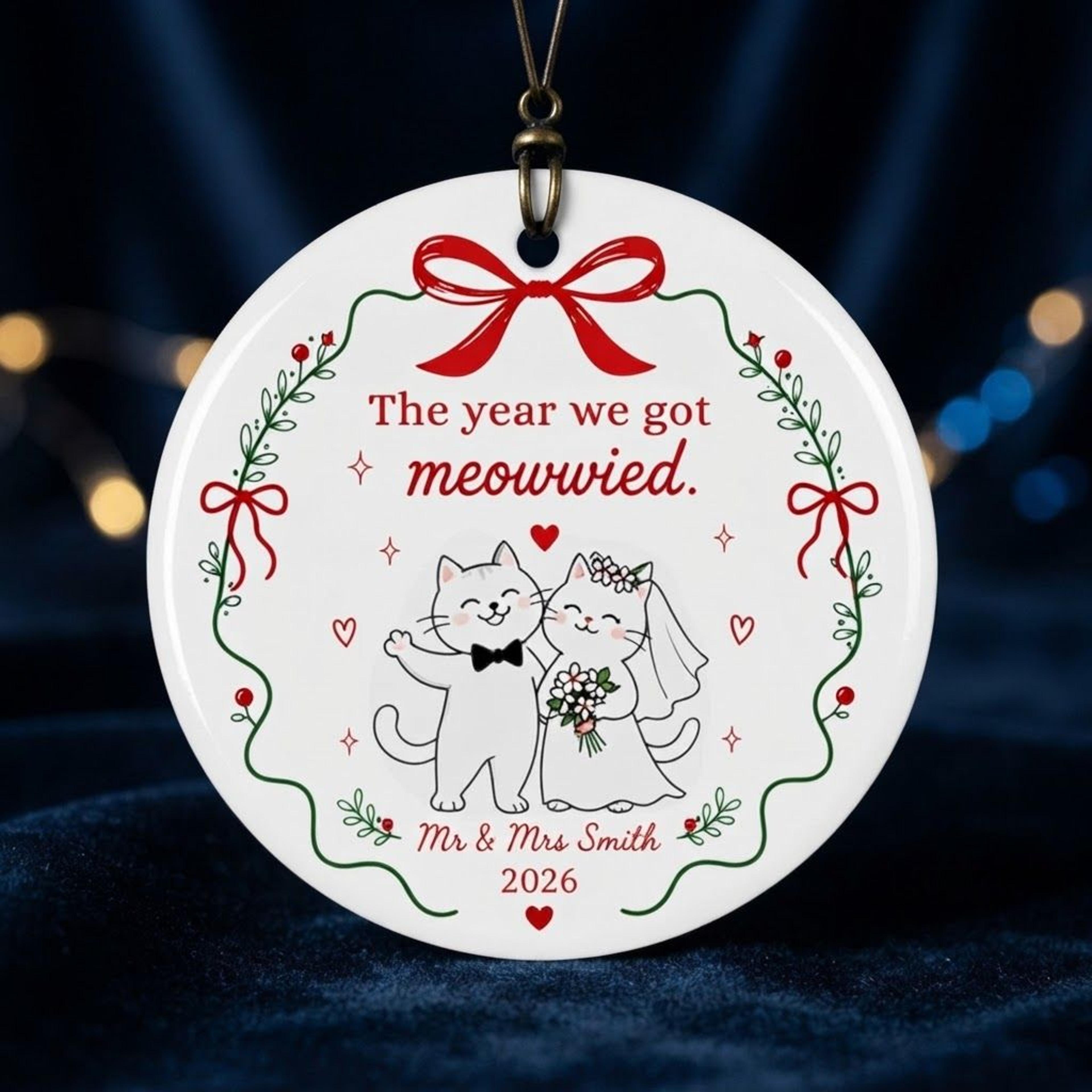 personalized meowrried cat wedding ornament 2026, just married cat couple christmas ornament, custom mr and mrs newlywed