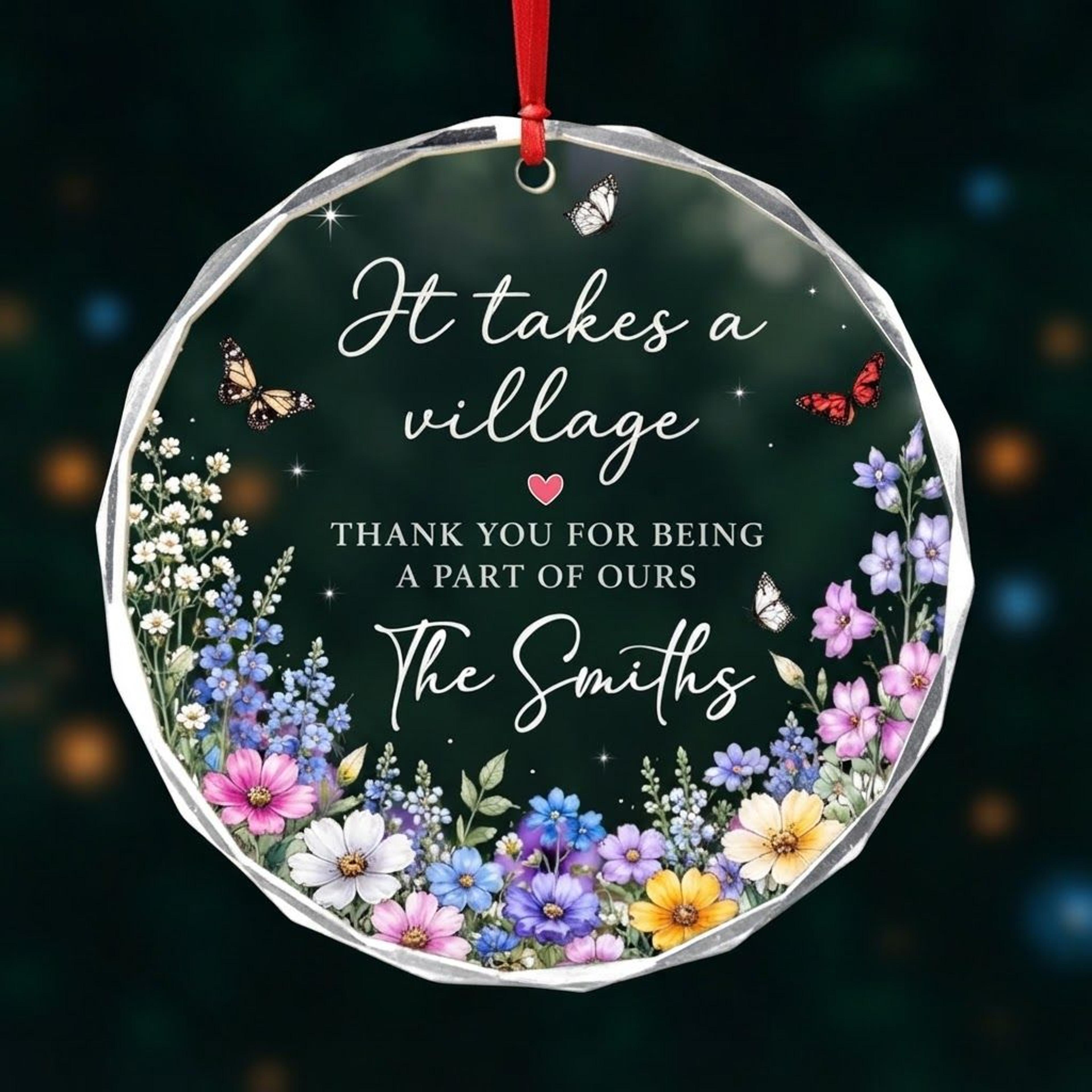 personalized it takes a village ornament, thank you appreciation gift, custom family name keepsake, floral christmas