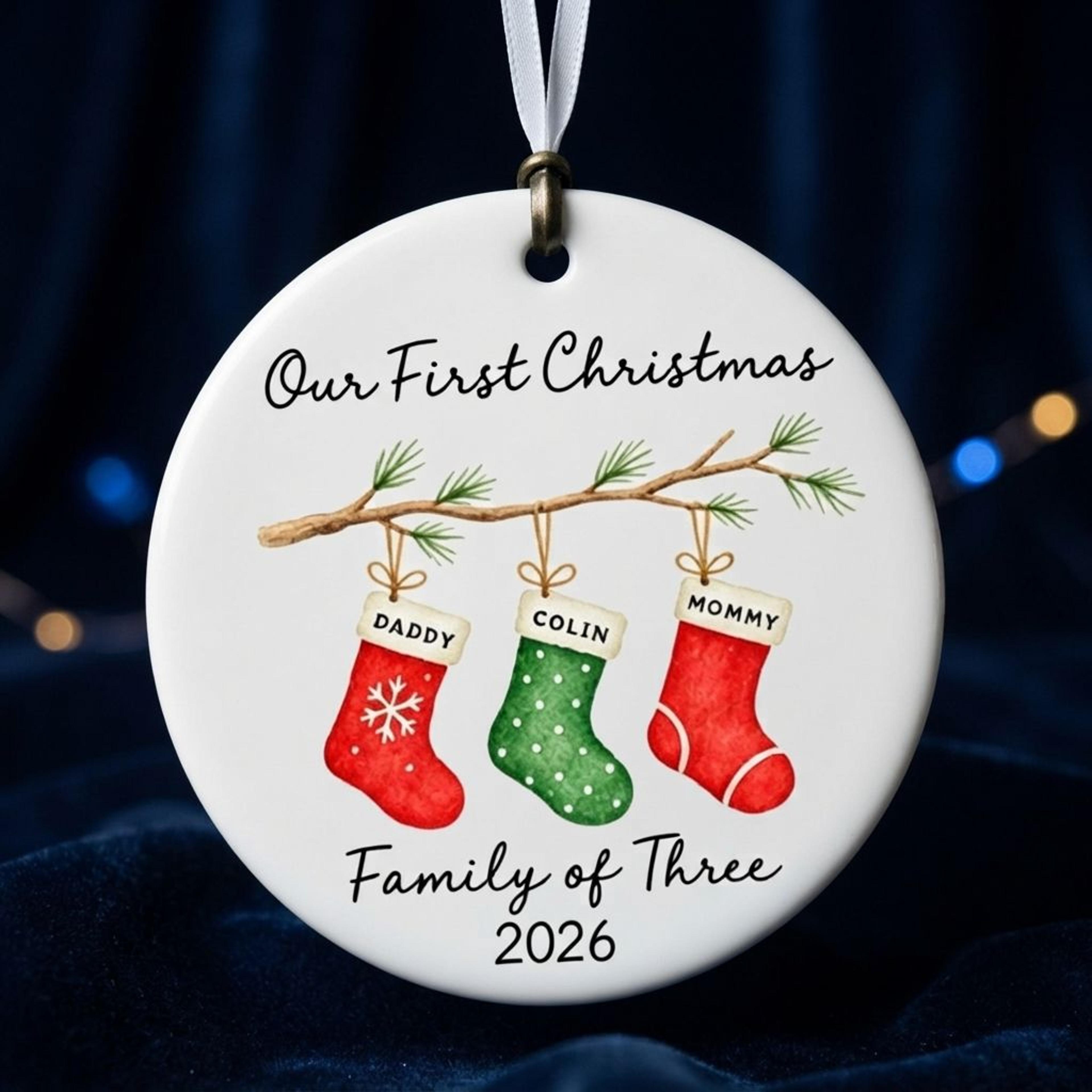 personalized family of three christmas ornament, our first christmas as 3, custom name stocking ornament, new baby gift