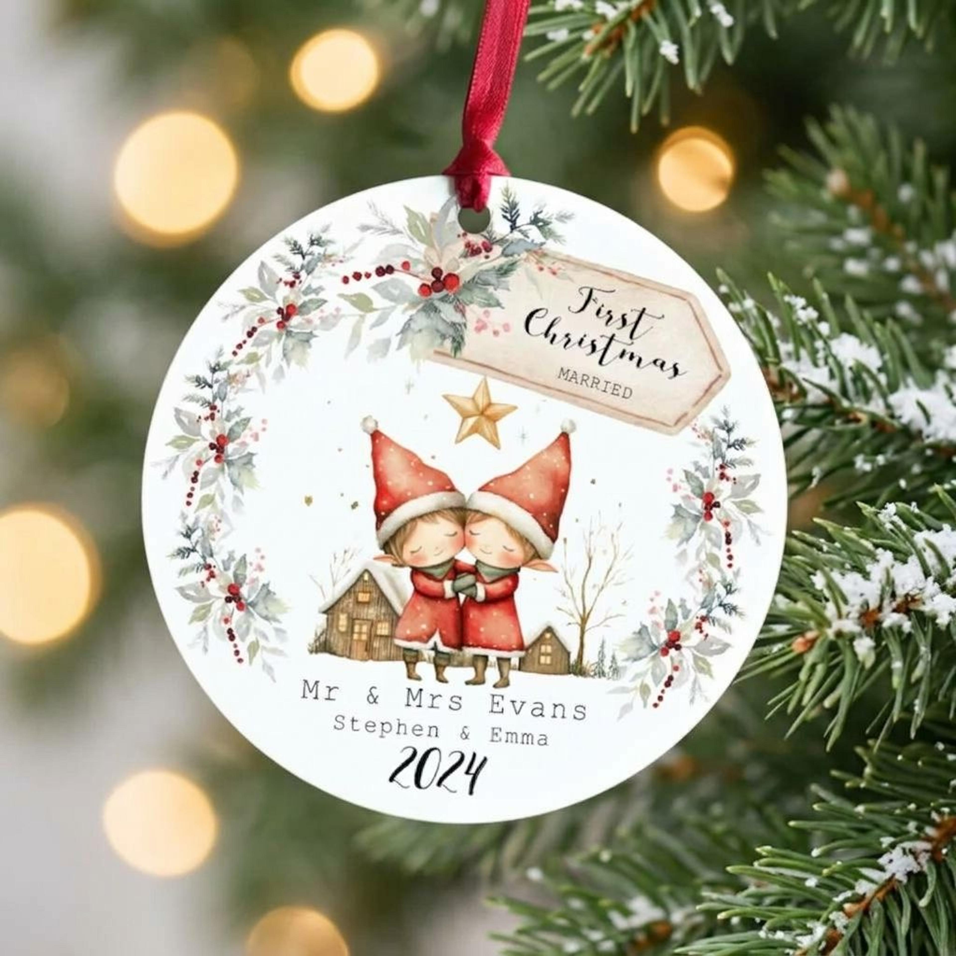 personalized first christmas married ornament, custom mr and mrs couple names, newlywed christmas keepsake, wedding gift