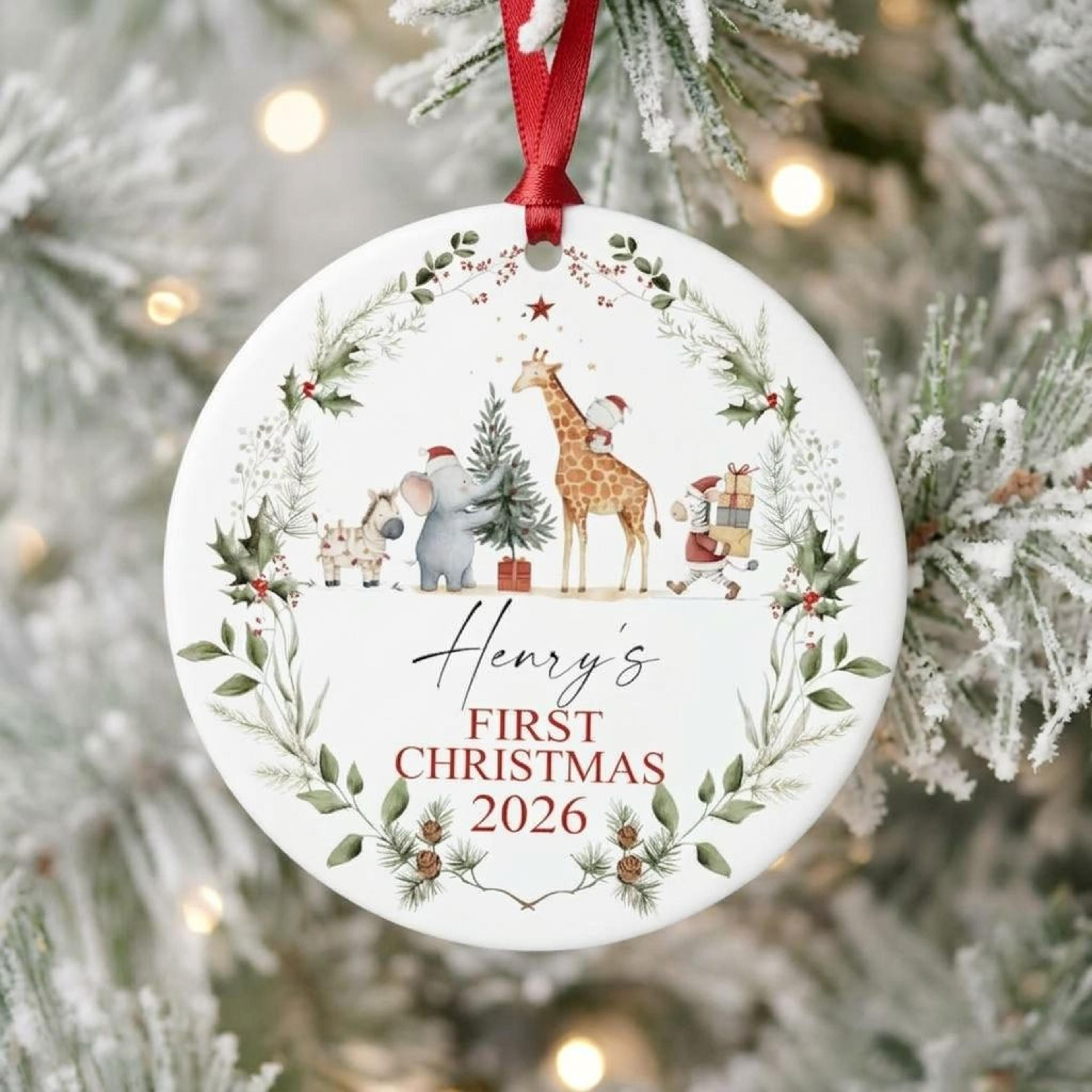 personalized baby's first christmas ornament 2026, custom name safari animals keepsake, elephant giraffe baby christmas