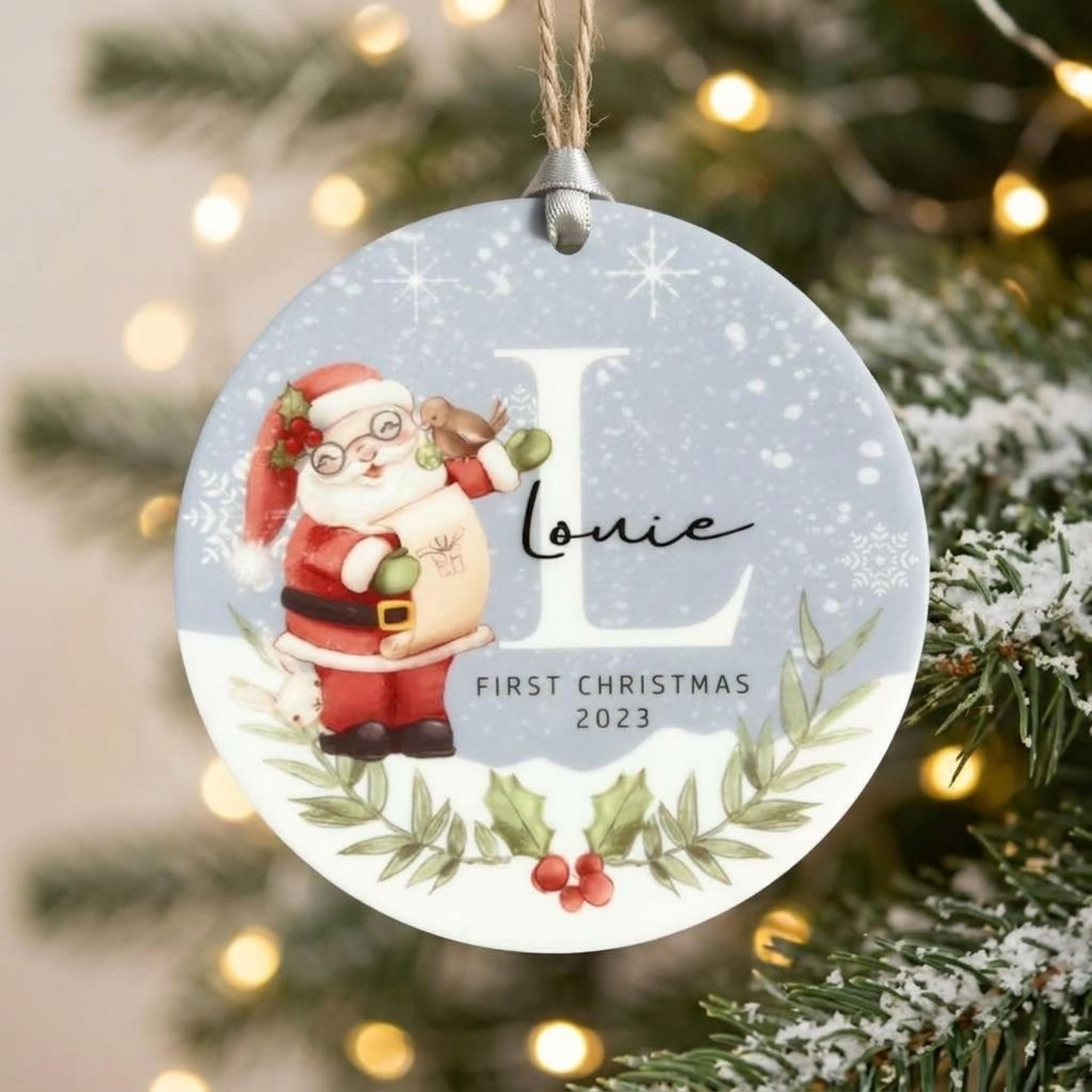 personalized baby's first christmas ornament, custom name initial santa claus keepsake, snowy winter baby gift, first